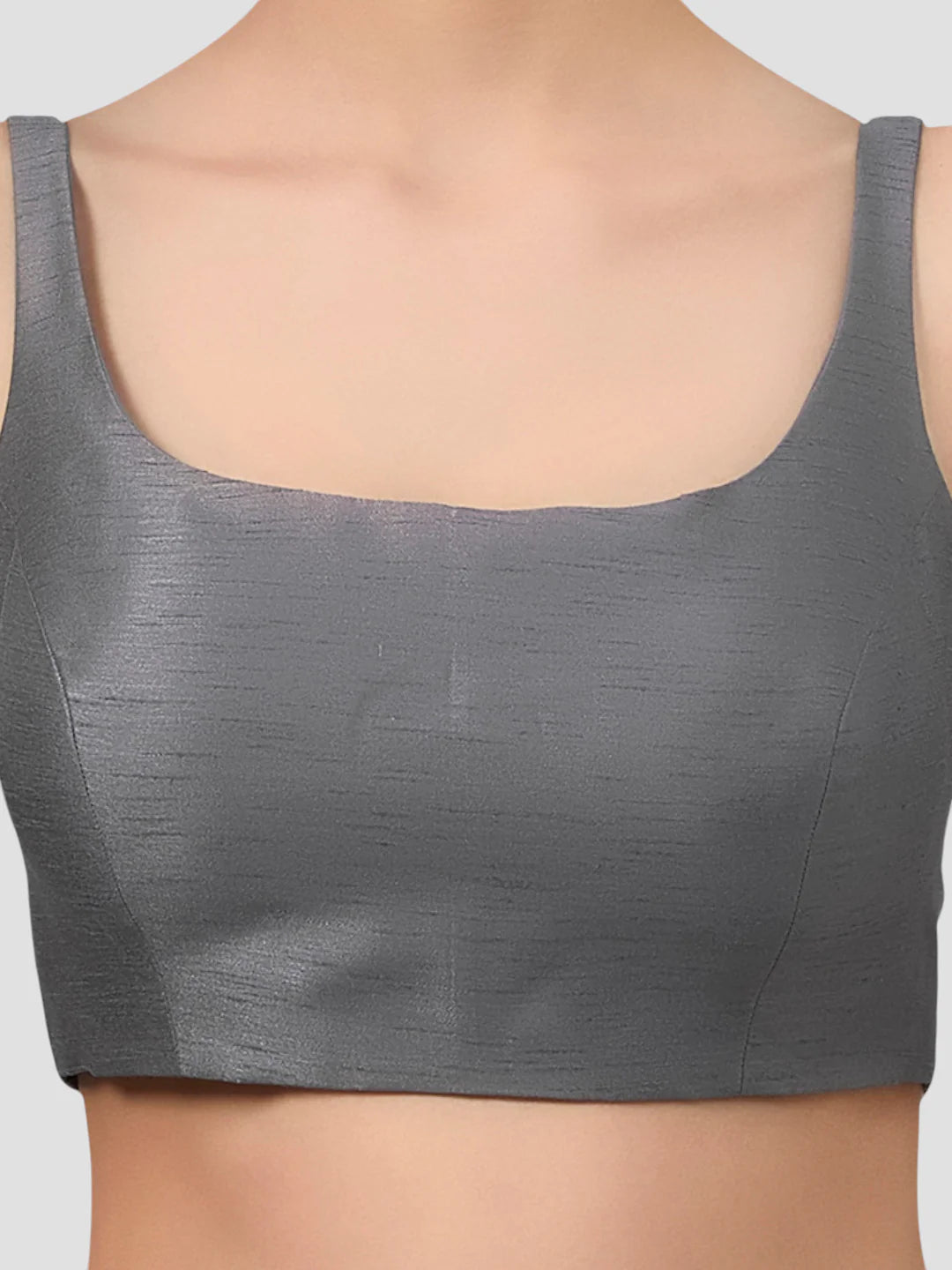 Grey Silk Round Neck Sleeveless Readymade Blouse