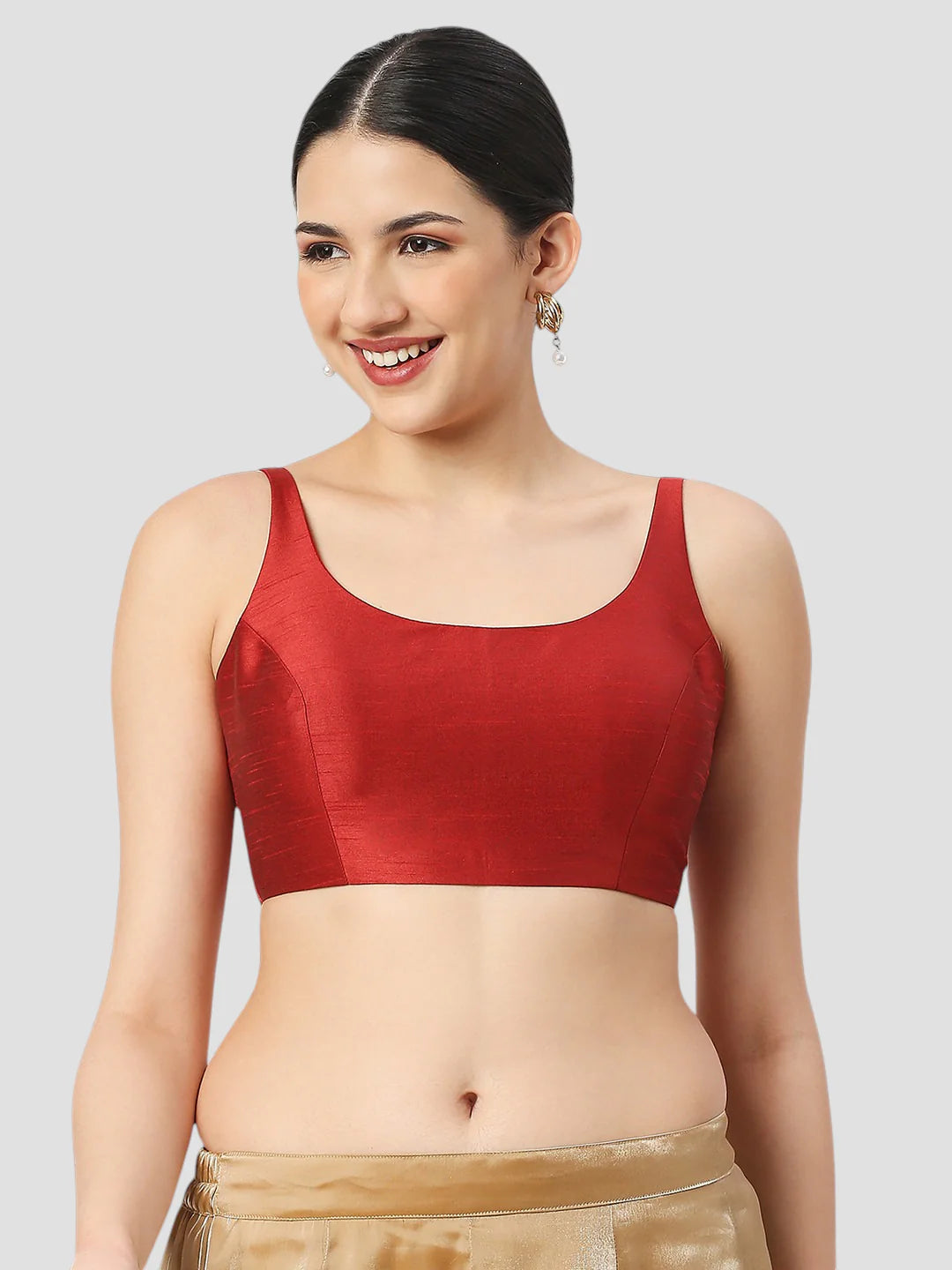 Maroon Silk Round Neck Sleeveless Readymade Blouse