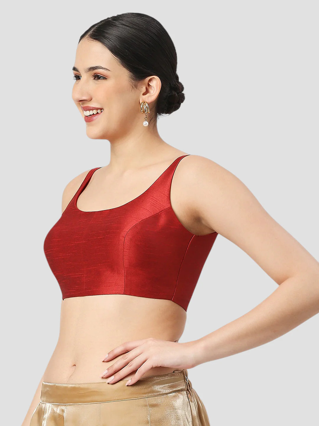 Maroon Silk Round Neck Sleeveless Readymade Blouse