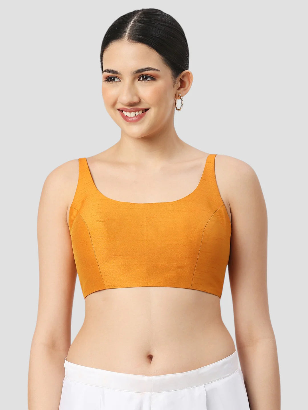 Mustard Silk Round Neck Sleeveless Readymade Blouse