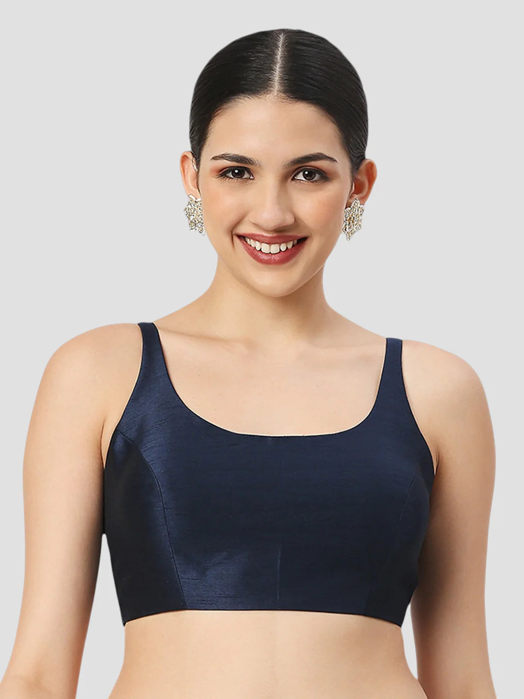 Navy Blue Silk Round Neck Sleeveless Readymade Blouse