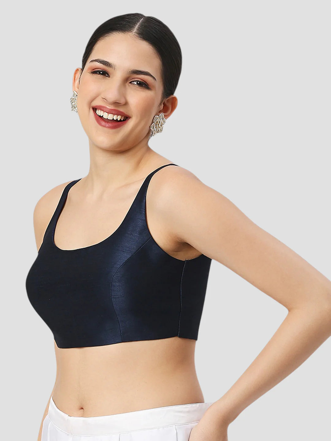 Navy Blue Silk Round Neck Sleeveless Readymade Blouse