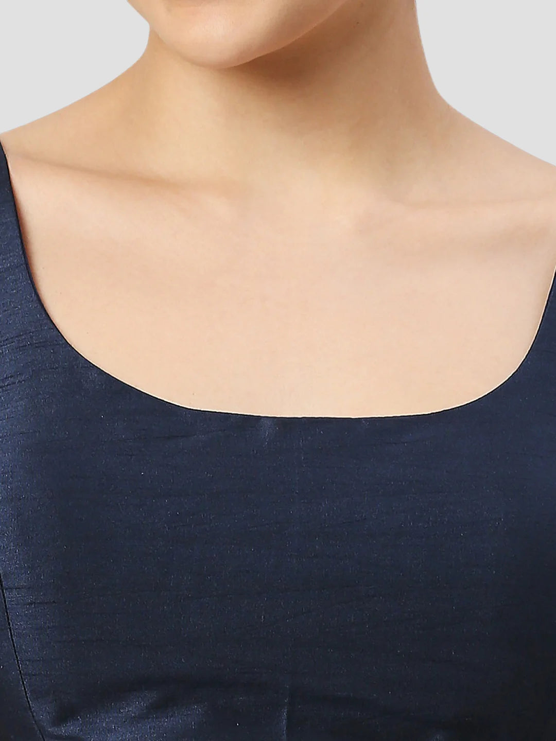 Navy Blue Silk Round Neck Sleeveless Readymade Blouse