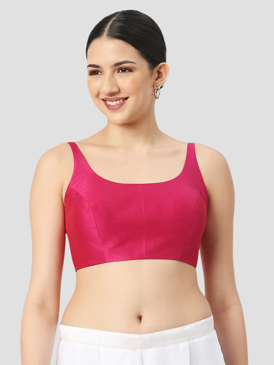 Rani Pink Silk Round Neck Sleeveless Readymade Blouse