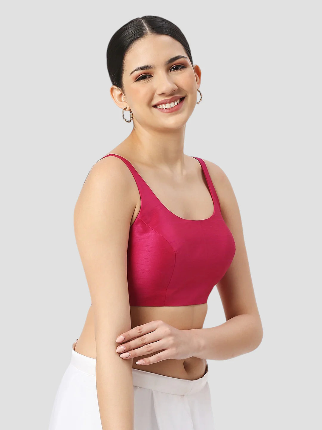 Rani Pink Silk Round Neck Sleeveless Readymade Blouse