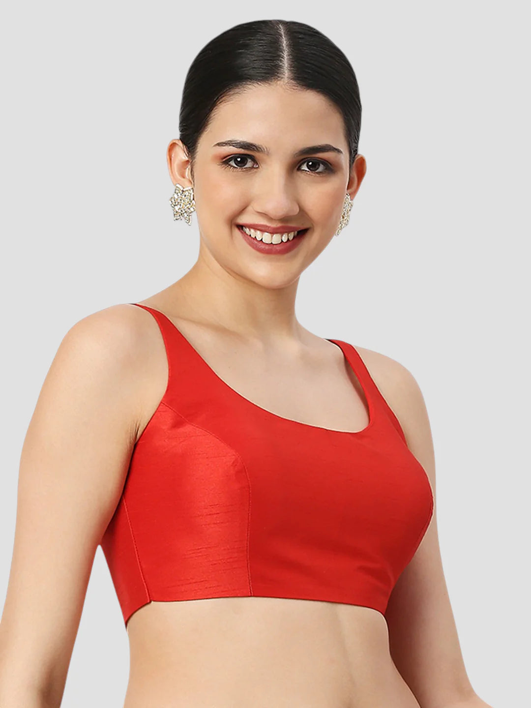 Red Silk Round Neck Sleeveless Readymade Blouse
