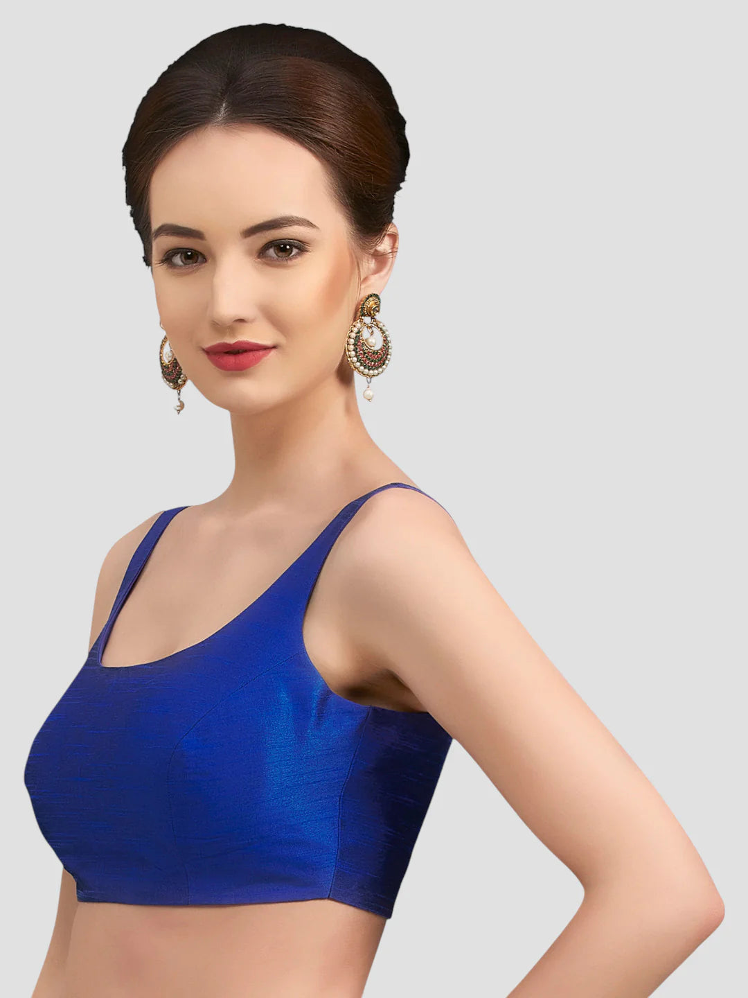 Royal Blue Silk Round Neck Sleeveless Readymade Blouse