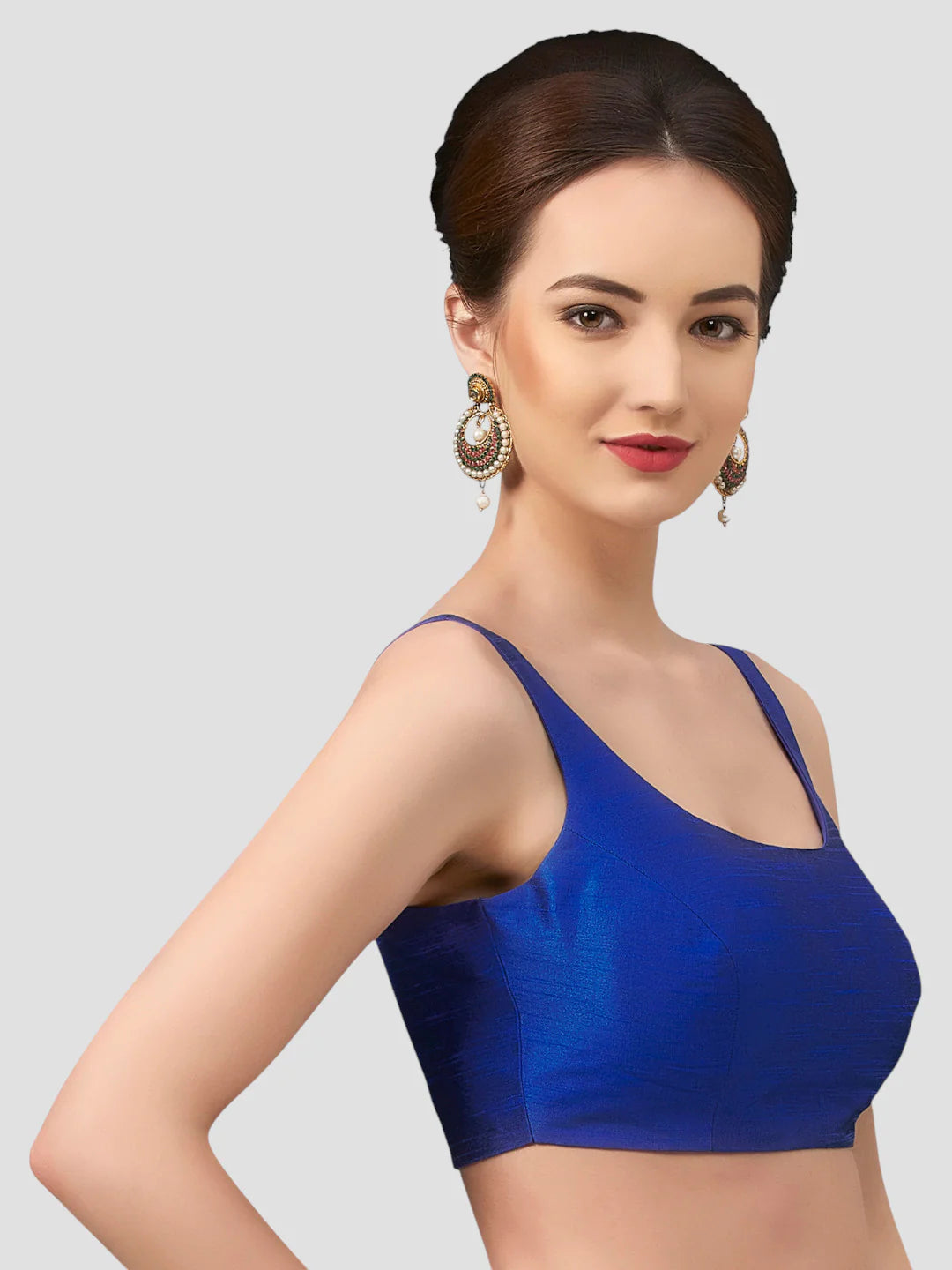 Royal Blue Silk Round Neck Sleeveless Readymade Blouse