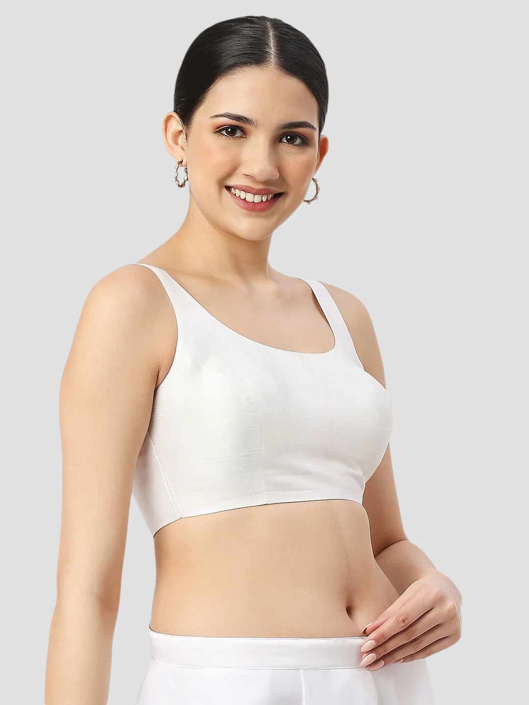 White Silk Round Neck Sleeveless Readymade Blouse