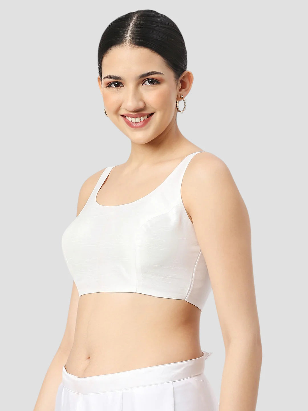 White Silk Round Neck Sleeveless Readymade Blouse