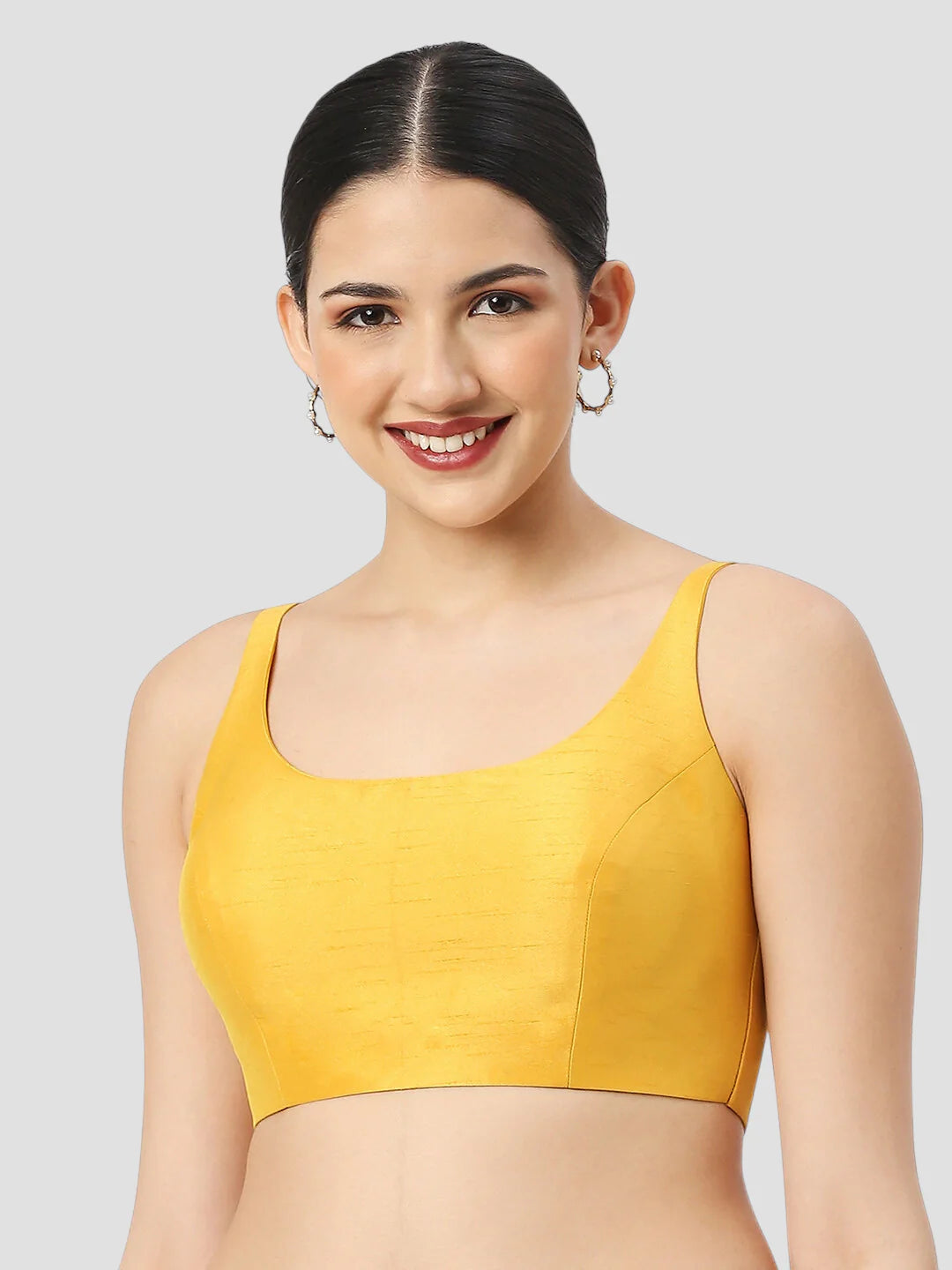 Yellow Silk Round Neck Sleeveless Readymade Blouse