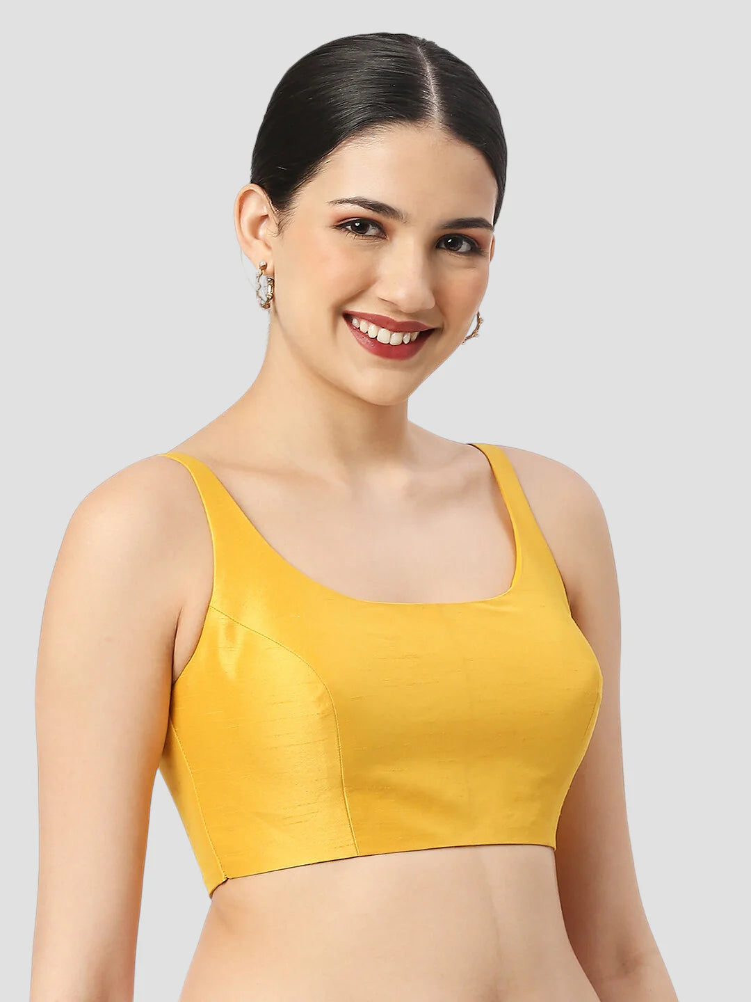 Yellow Silk Round Neck Sleeveless Readymade Blouse