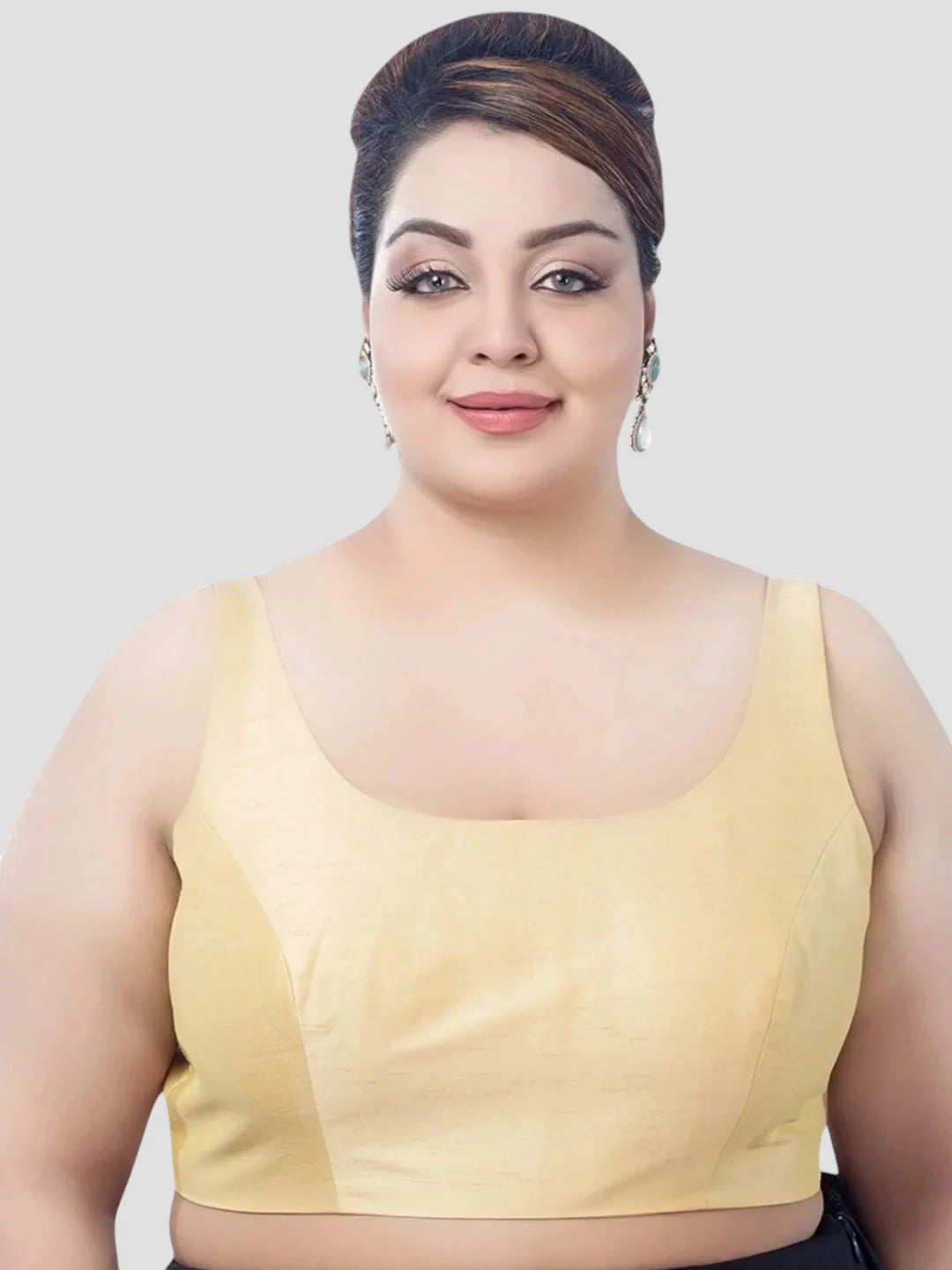 Golden Silk Round Neck Sleeveless Plus Size Readymade Blouse