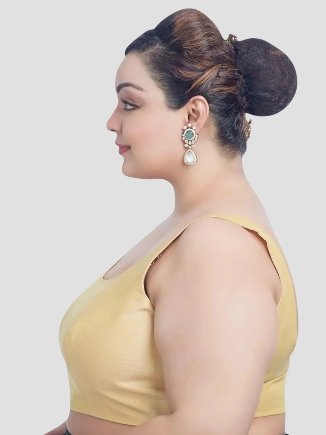 Golden Silk Round Neck Sleeveless Plus Size Readymade Blouse