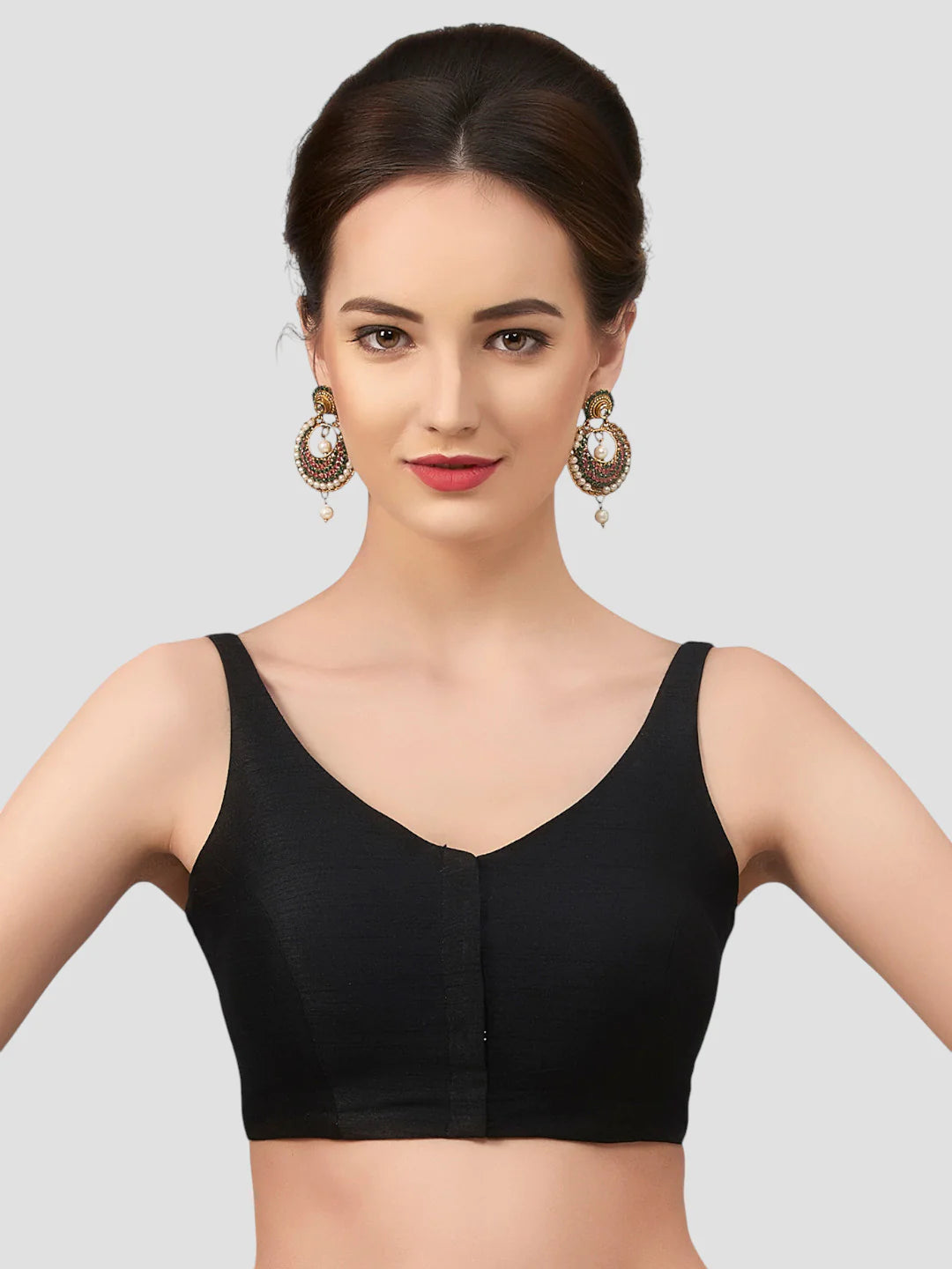 Black Silk V Neck Sleeveless Readymade Blouse