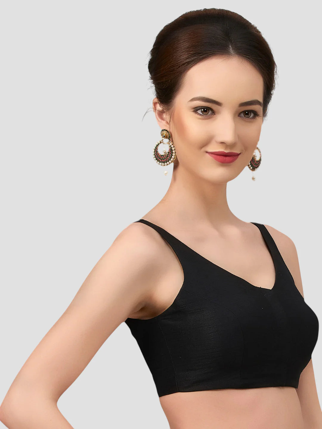 Black Silk V Neck Sleeveless Readymade Blouse