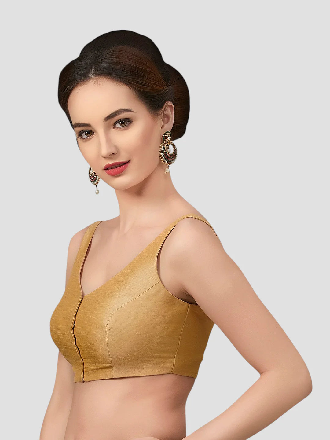 Golden Silk V Neck Sleeveless Readymade Blouse