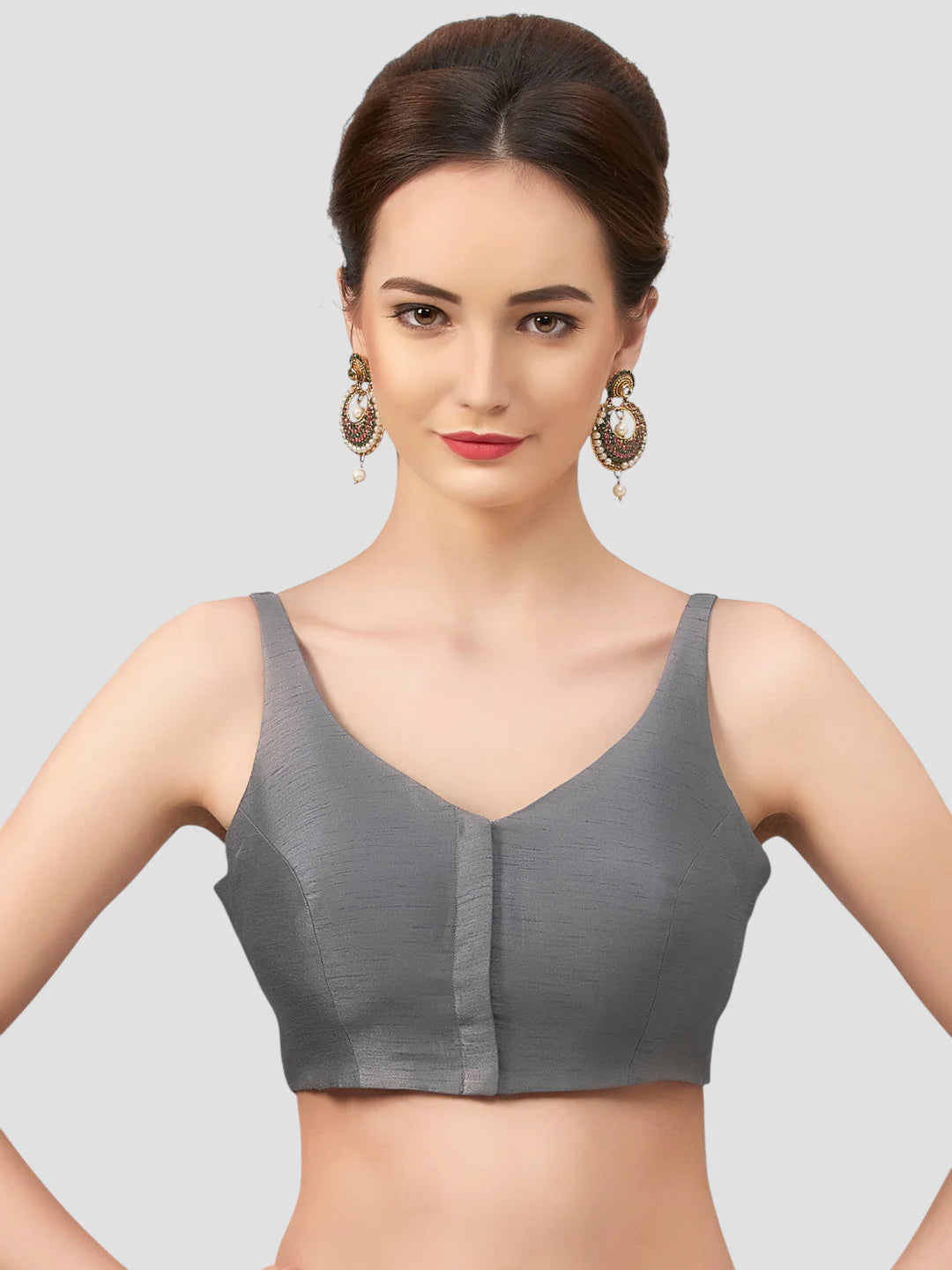 Grey Silk V Neck Sleeveless Readymade Blouse