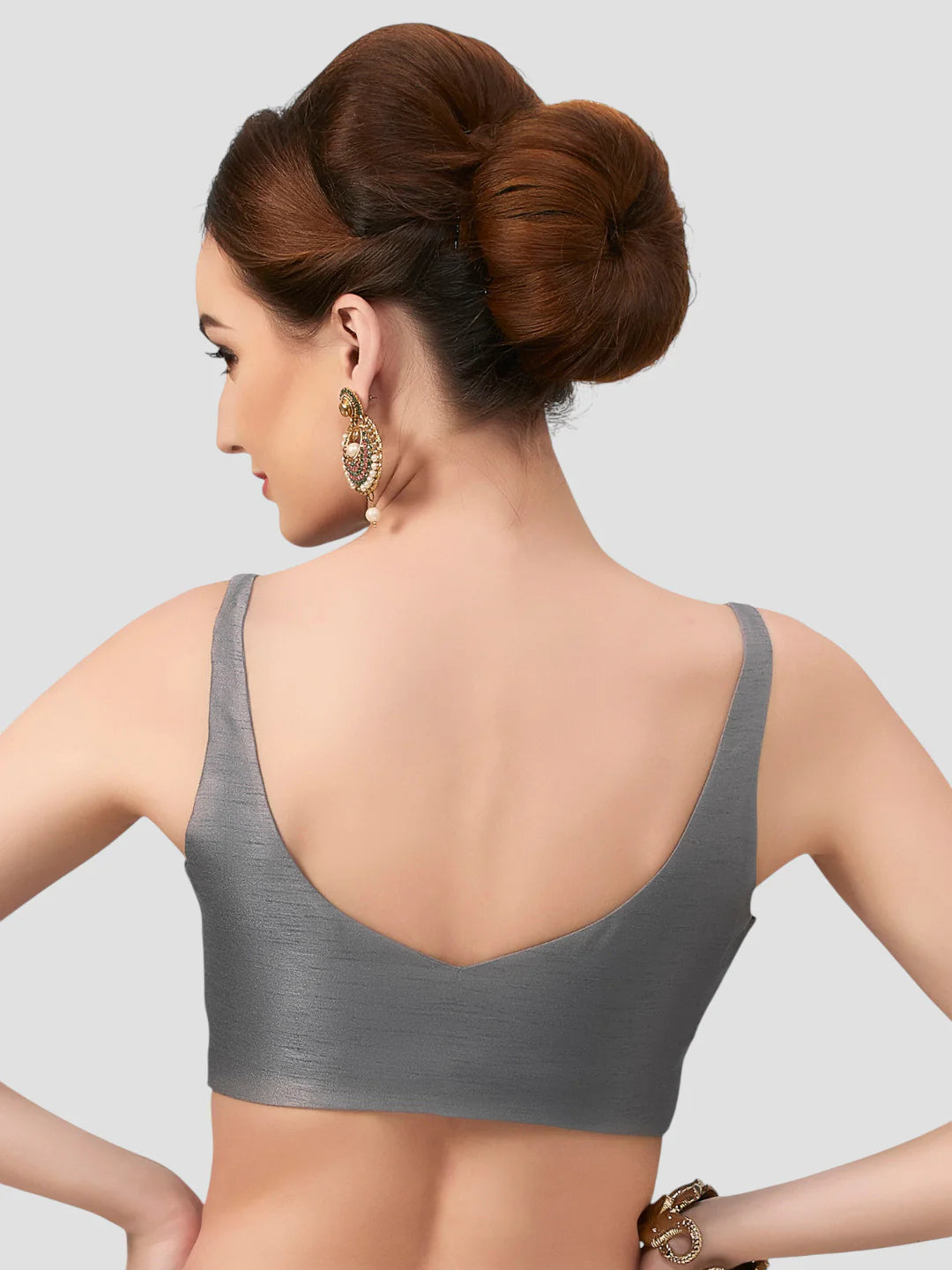 Grey Silk V Neck Sleeveless Readymade Blouse