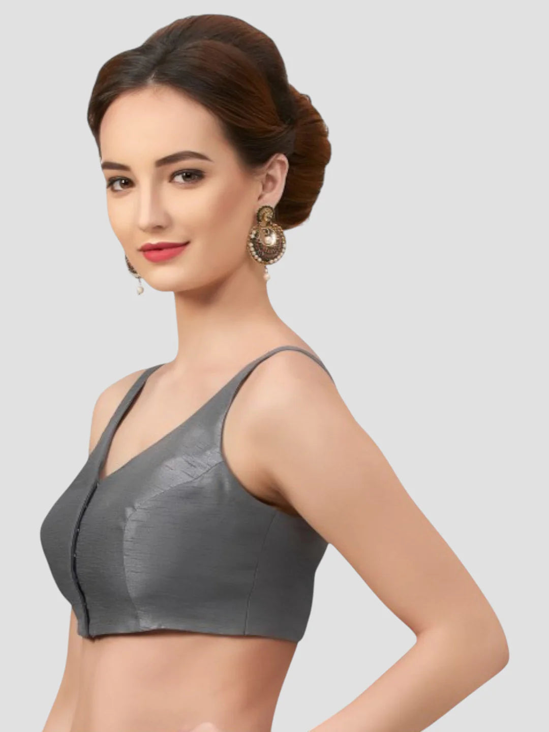 Grey Silk V Neck Sleeveless Readymade Blouse