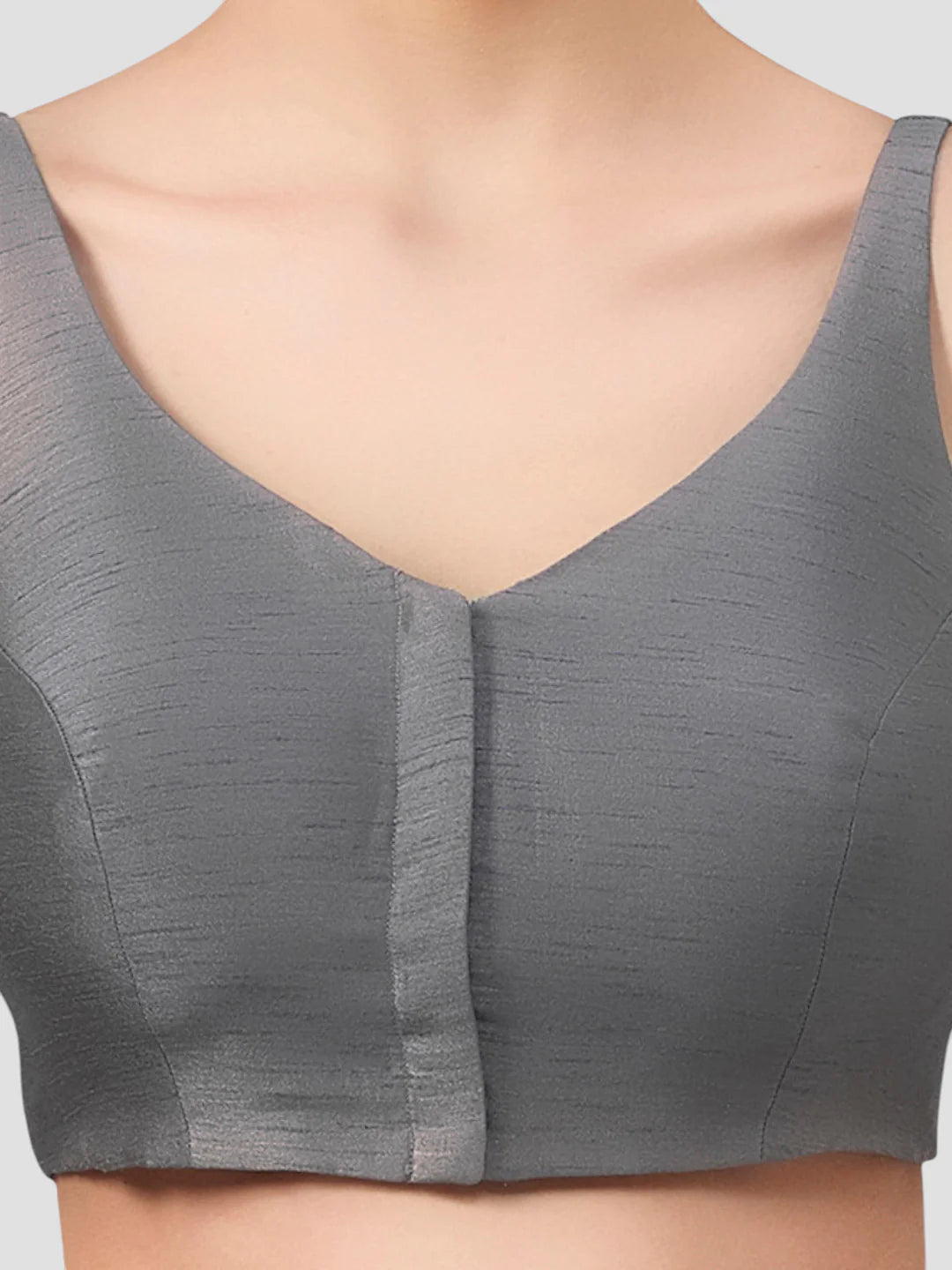 Grey Silk V Neck Sleeveless Readymade Blouse