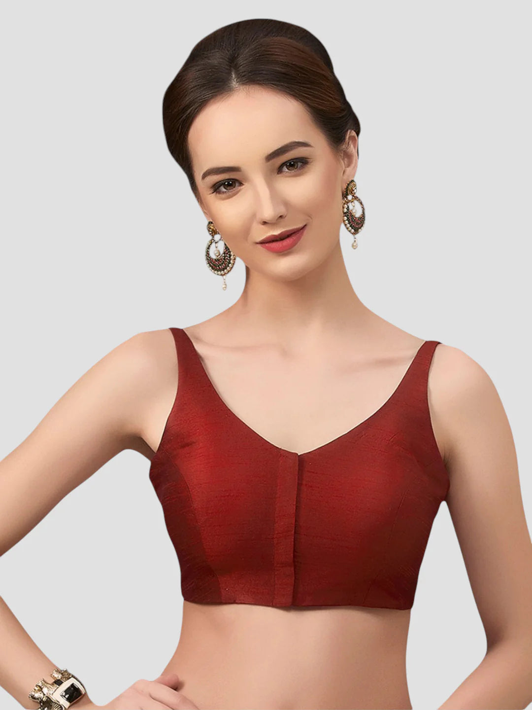 Maroon Silk V Neck Sleeveless Readymade Blouse
