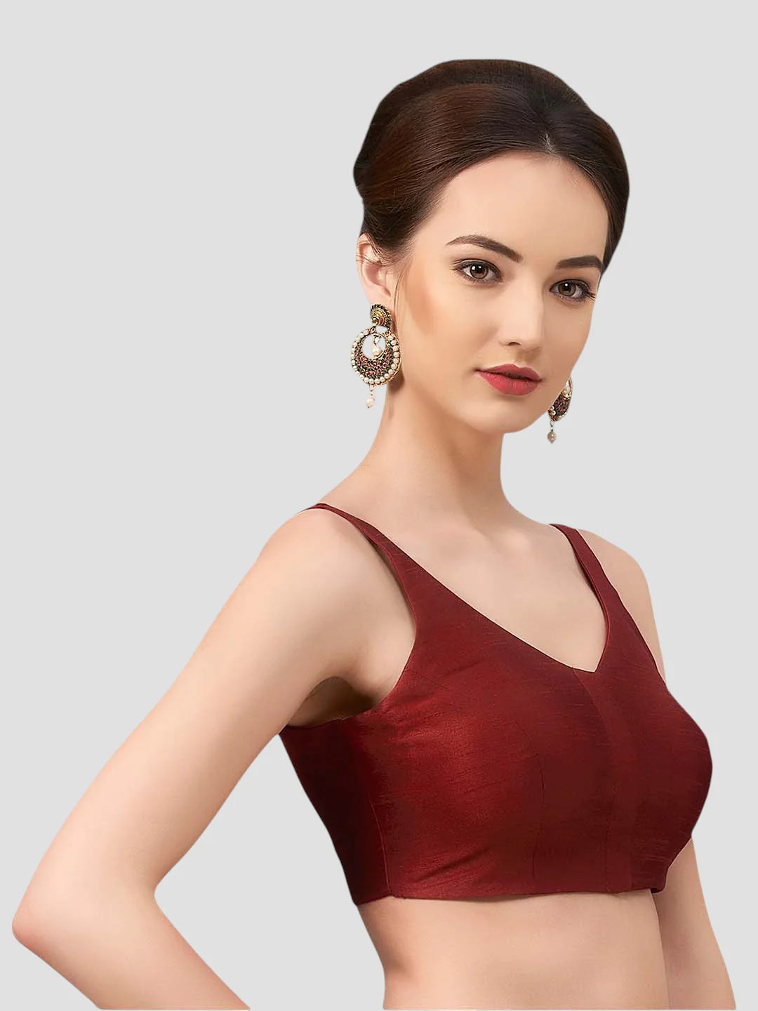 Maroon Silk V Neck Sleeveless Readymade Blouse