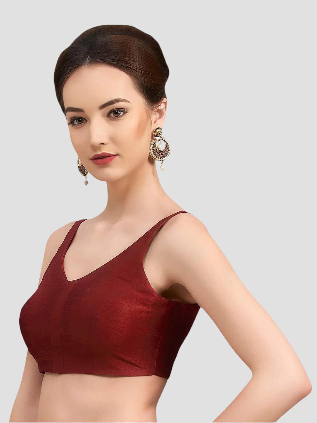 Maroon Silk V Neck Sleeveless Readymade Blouse