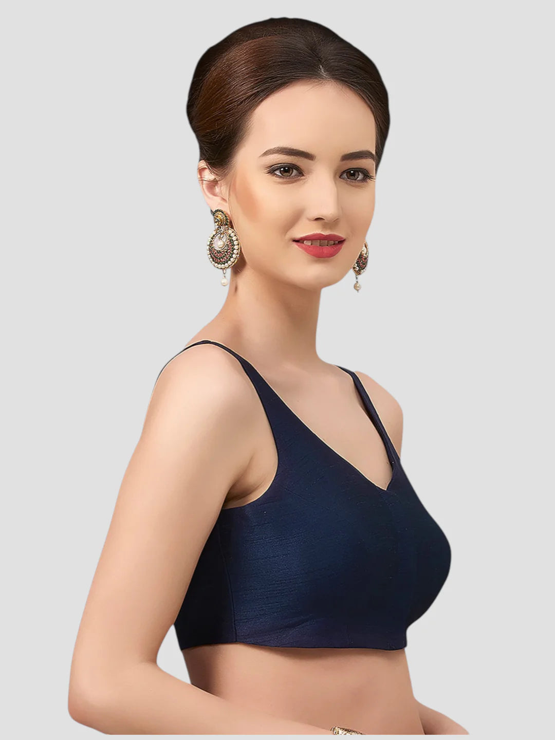 Navy Blue Silk V Neck Sleeveless Readymade Blouse