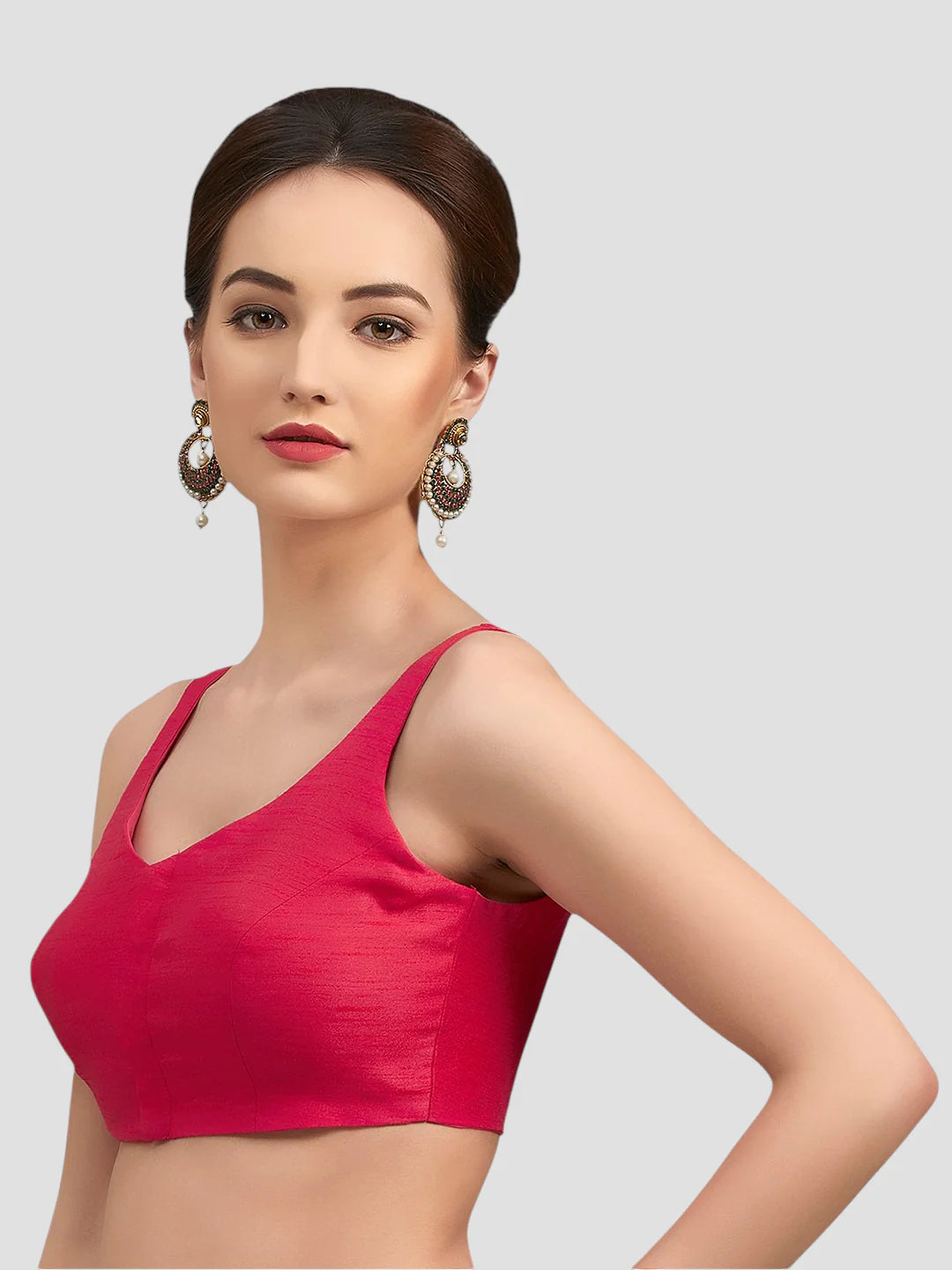 Rani Pink Silk V Neck Sleeveless Readymade Blouse