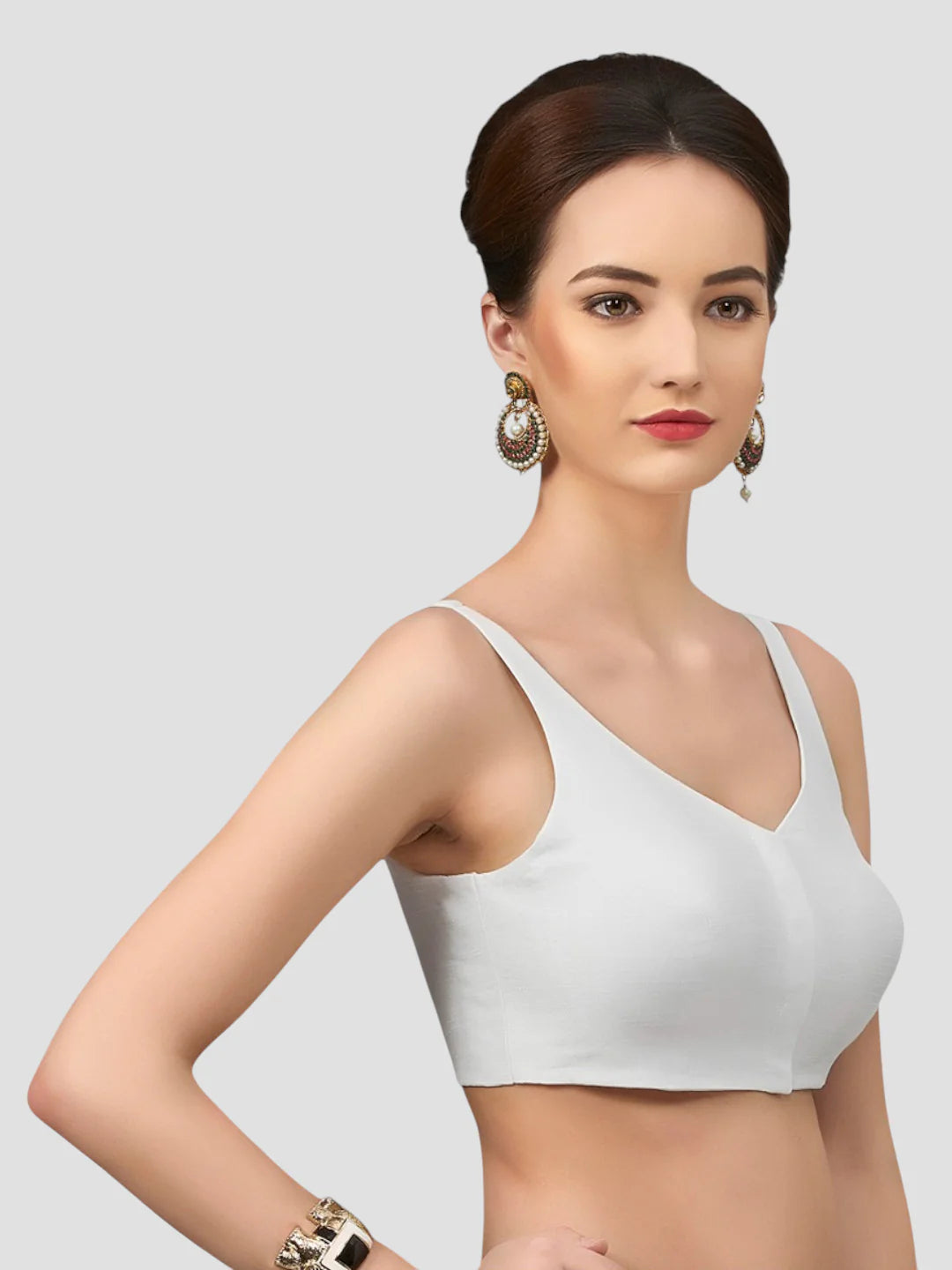White Silk V Neck Sleeveless Readymade Blouse