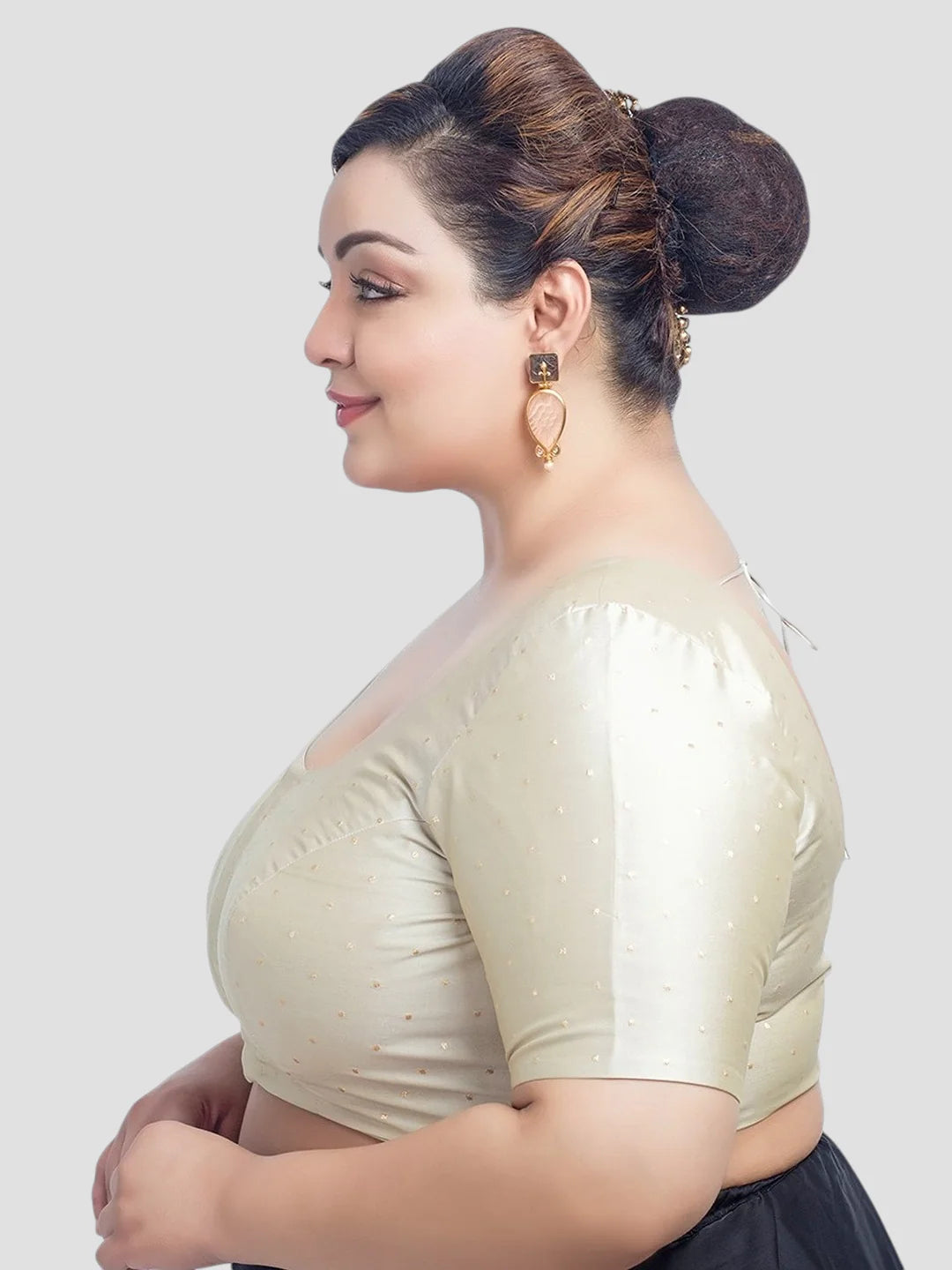 Cream Silk U Neck Half Sleeves Readymade Blouse