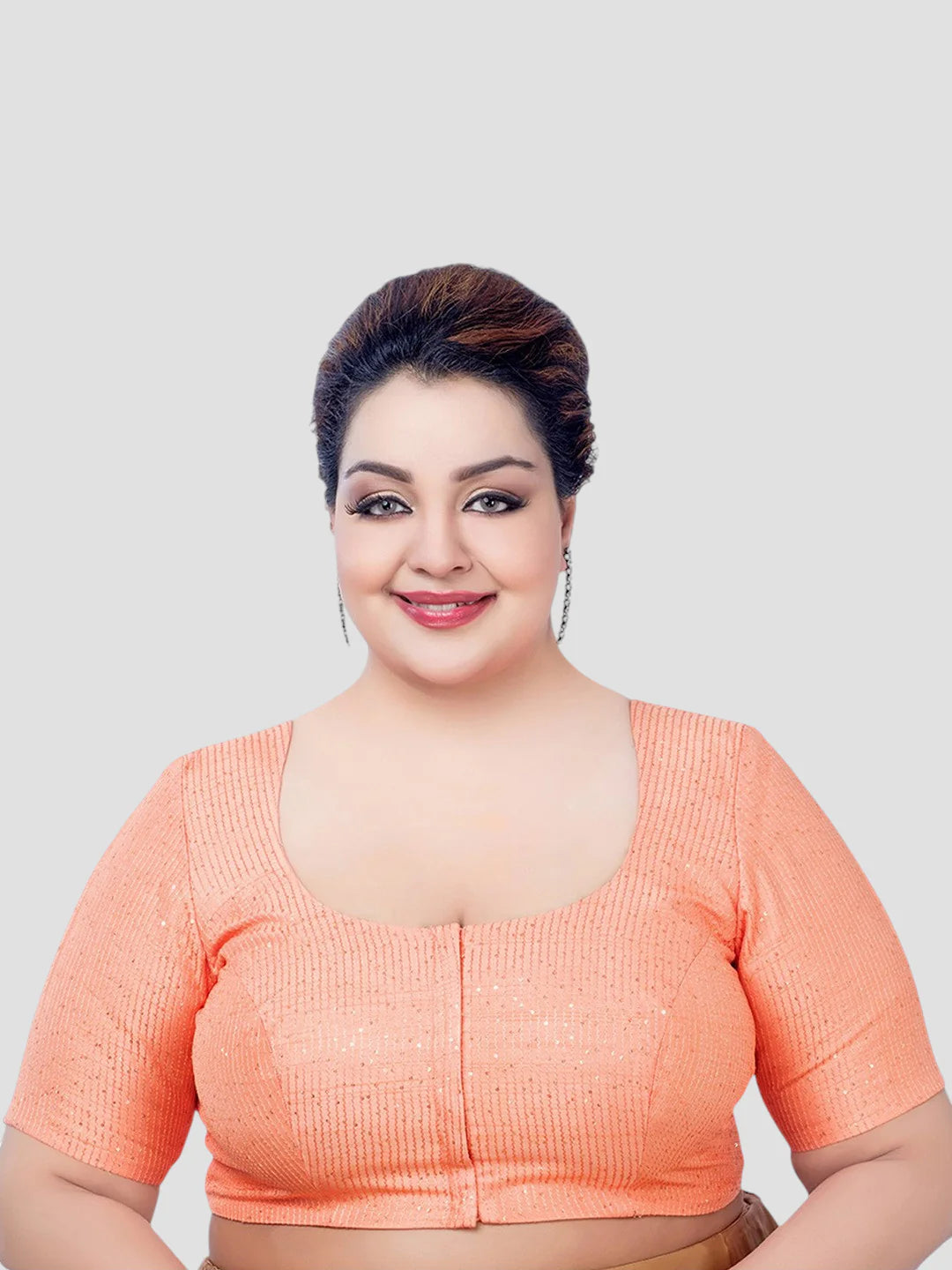 Peach Sequence Round Neck Half Sleeves Readymade Blouse