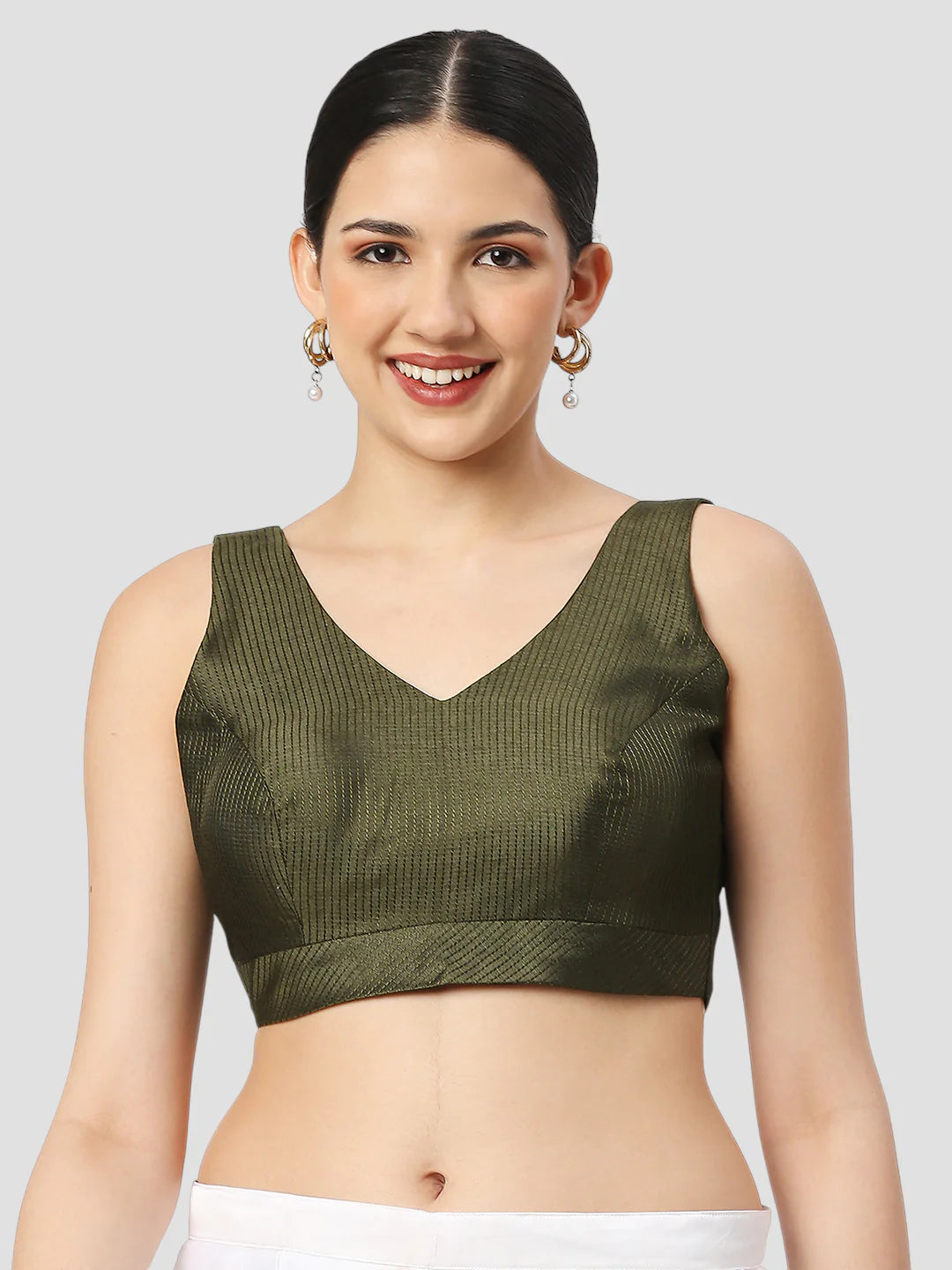 Mehndi Green Silk V Neck Sleeveless Readymade Blouse