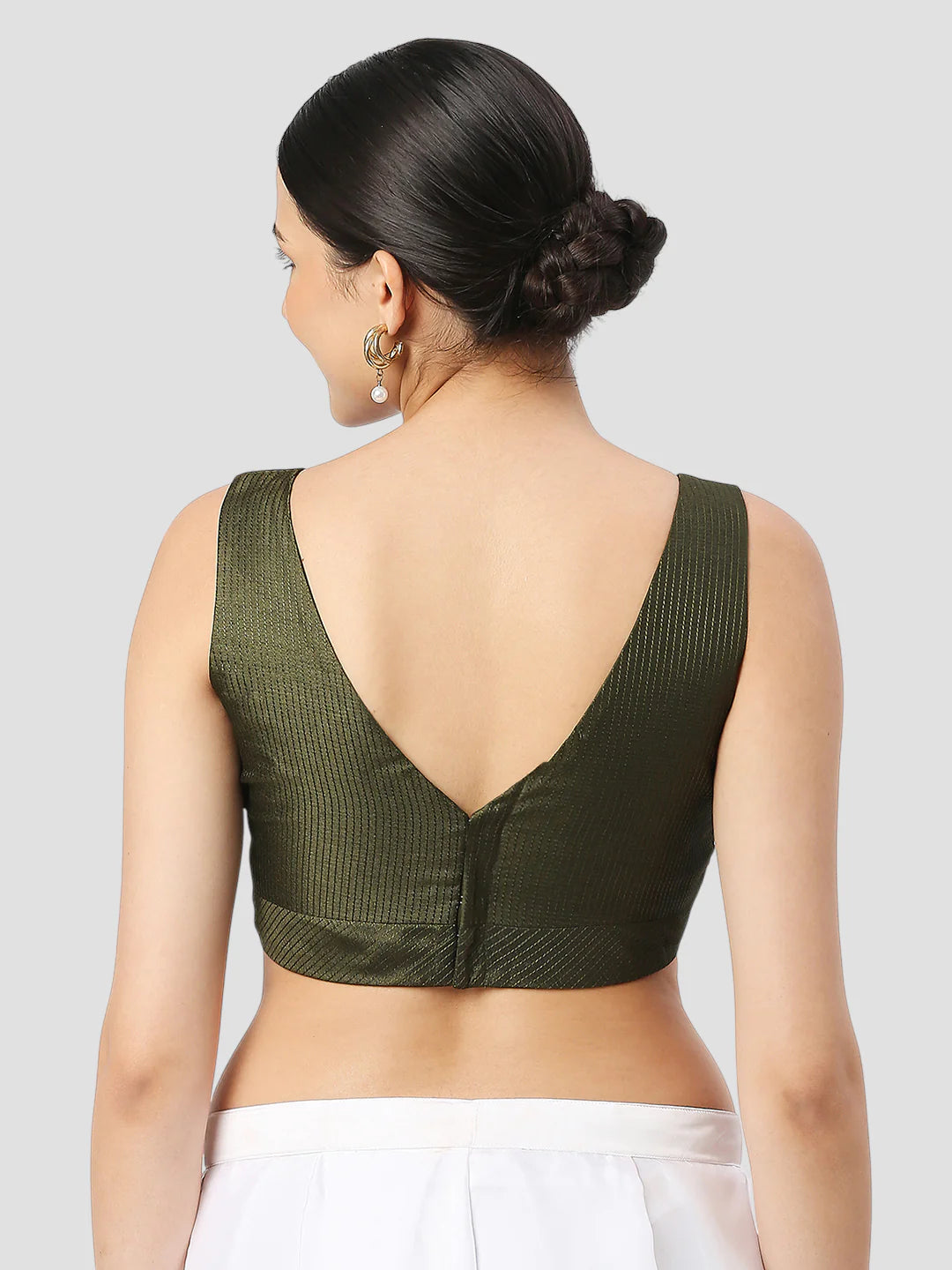 Mehndi Green Silk V Neck Sleeveless Readymade Blouse