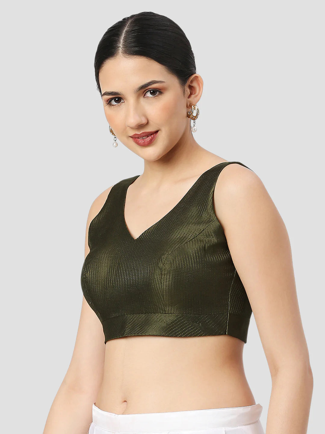 Mehndi Green Silk V Neck Sleeveless Readymade Blouse