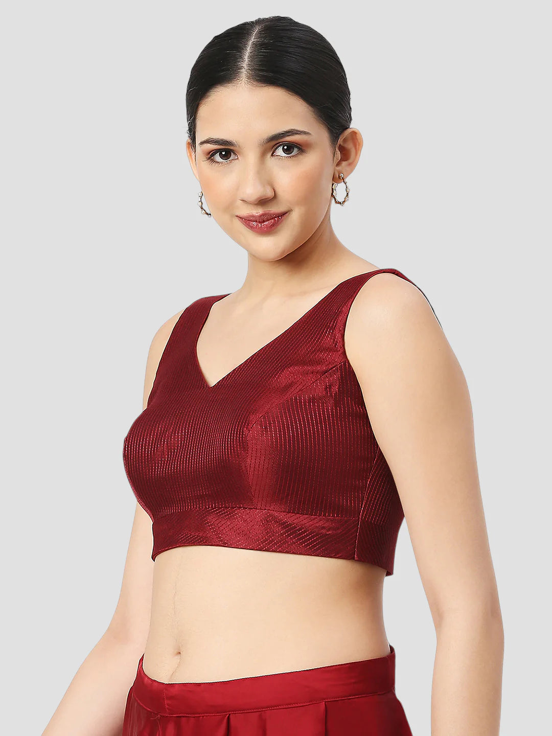 Maroon Silk V Neck Sleeveless Readymade Blouse