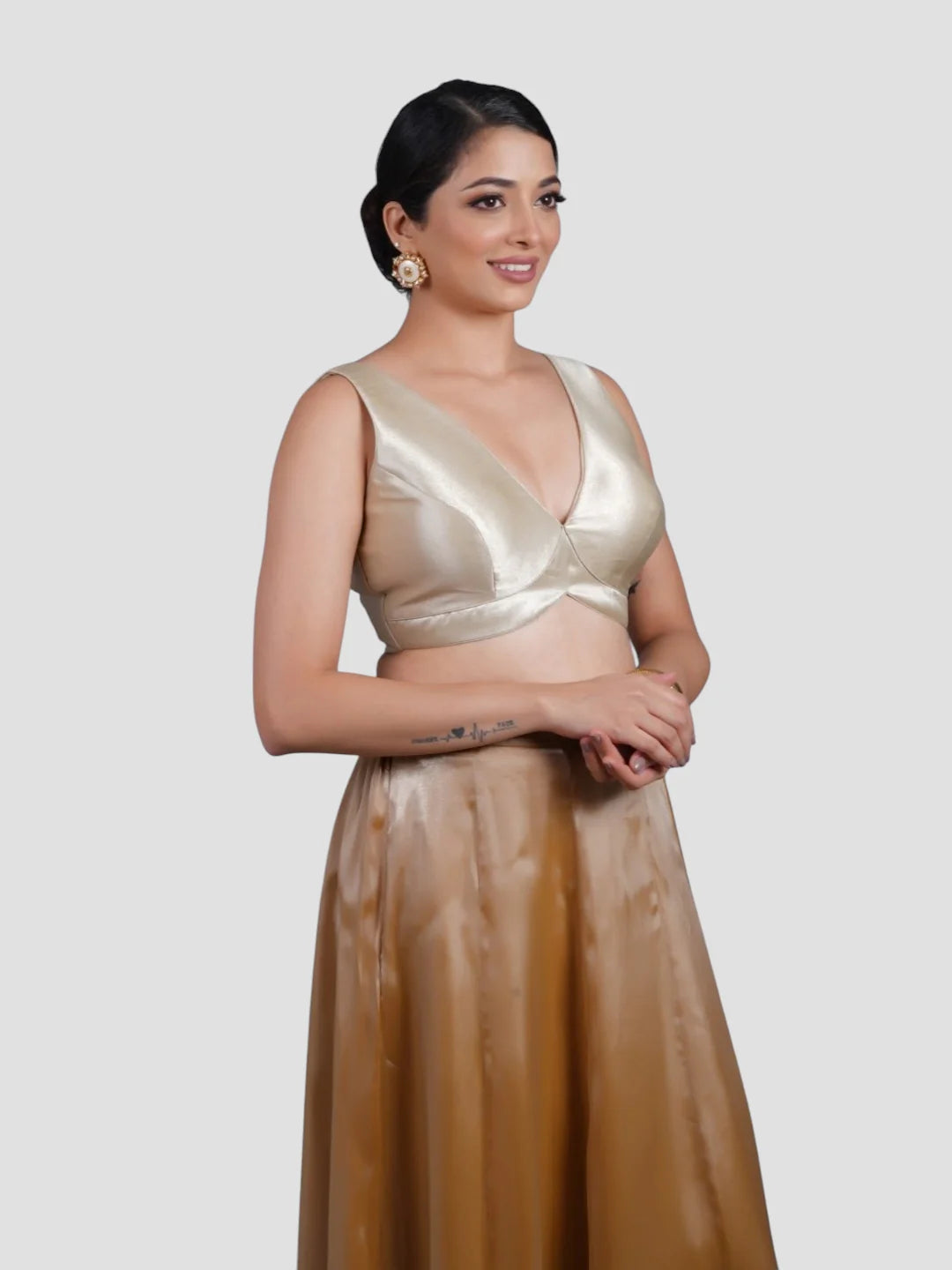 Gold Tissue V Neck Sleeveless Readymade Blouse