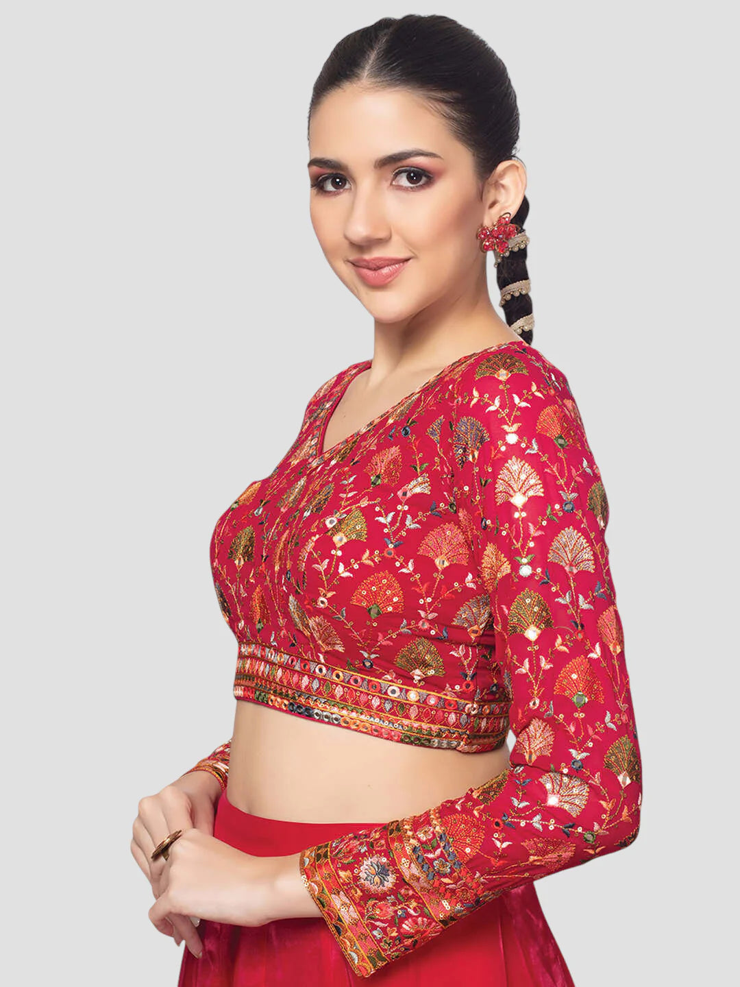 Red Georgette V Neck Full Sleeves Readymade Blouse