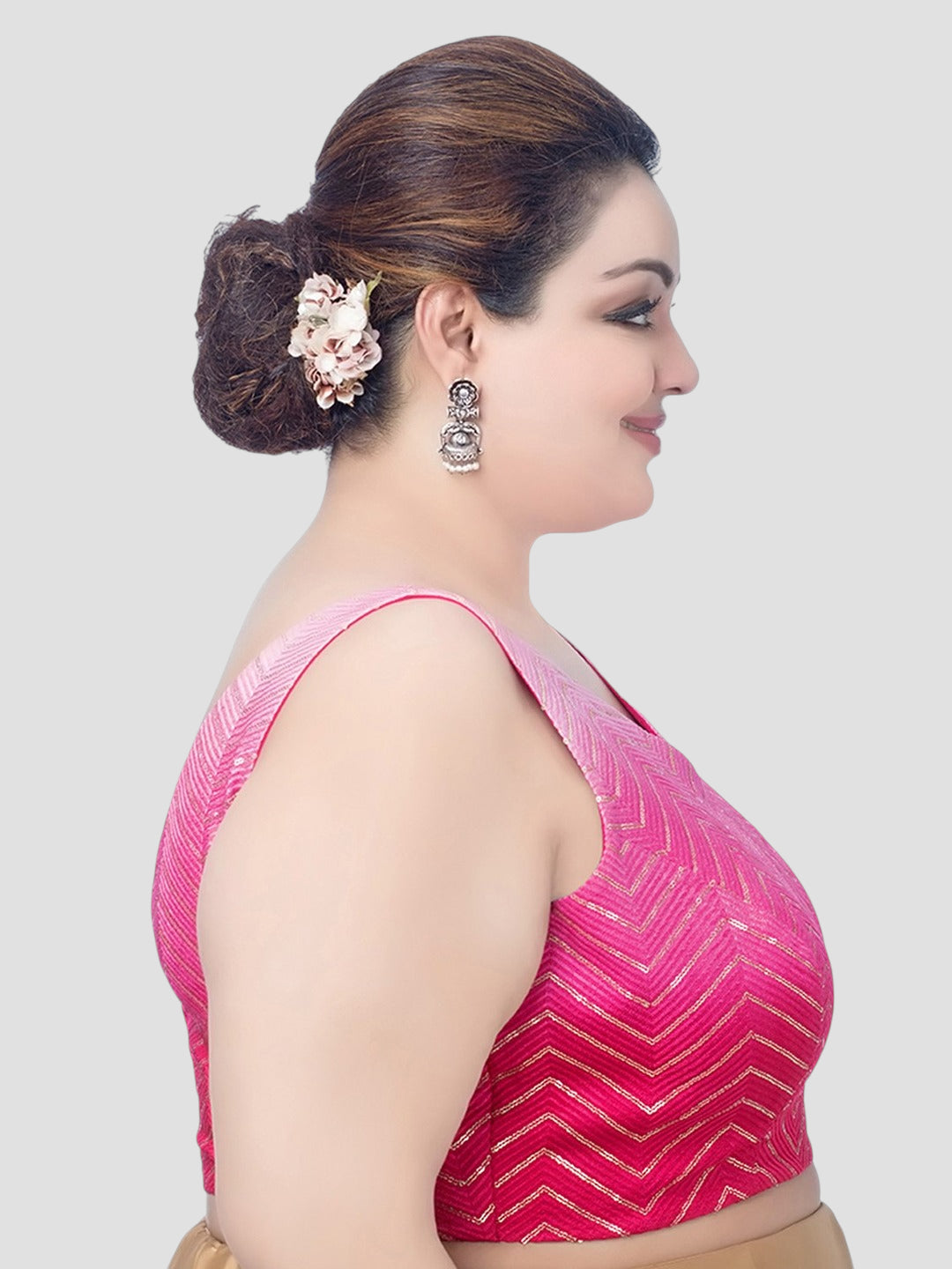 Plus Size Pink Chevron Printed Sleeveless V-Neck Readymade Saree Blouse