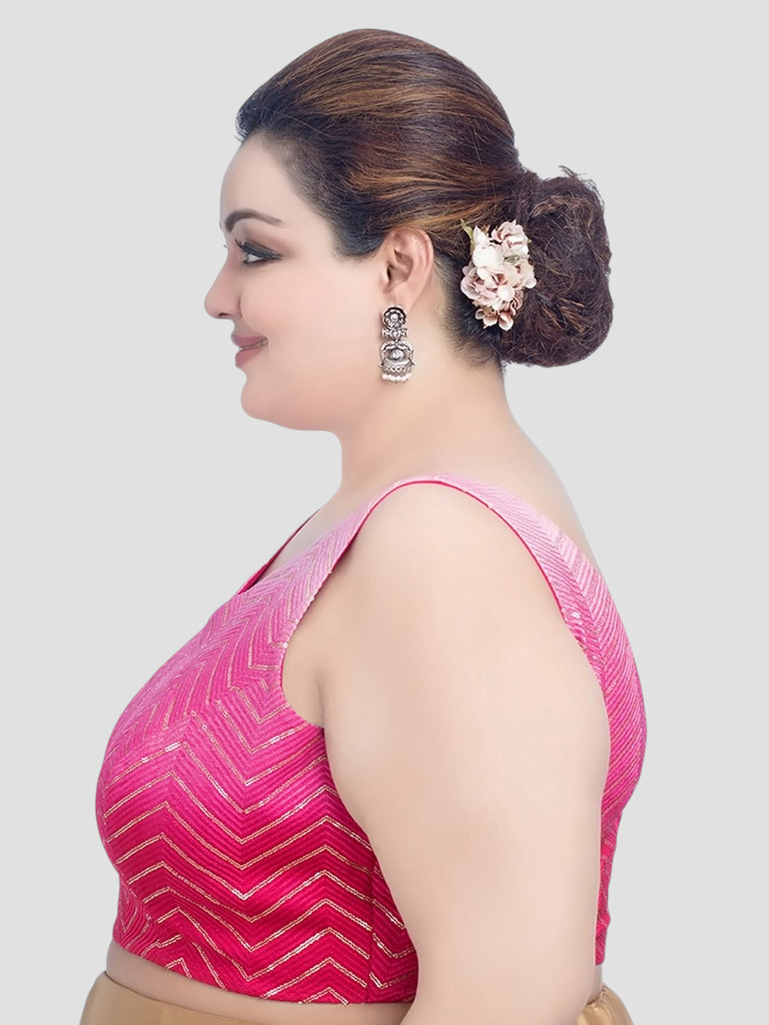 Plus Size Pink Chevron Printed Sleeveless V-Neck Readymade Saree Blouse