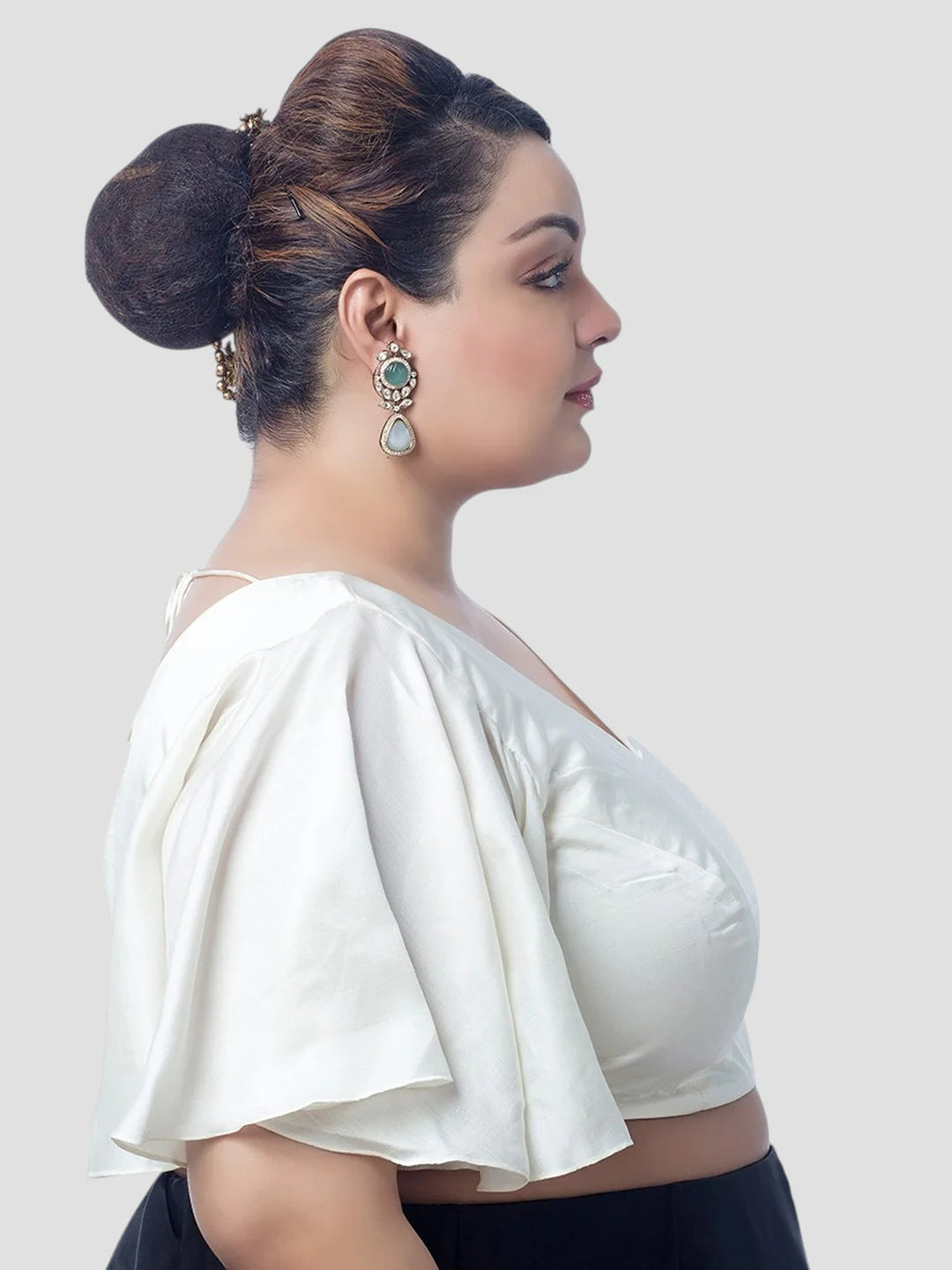 White Silk V Neck Ruffle Sleeves Readymade Blouse