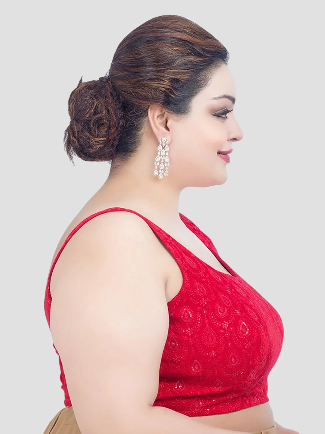 Red Sequin Work Velvet U Neck Sleeveless Readymade Blouse