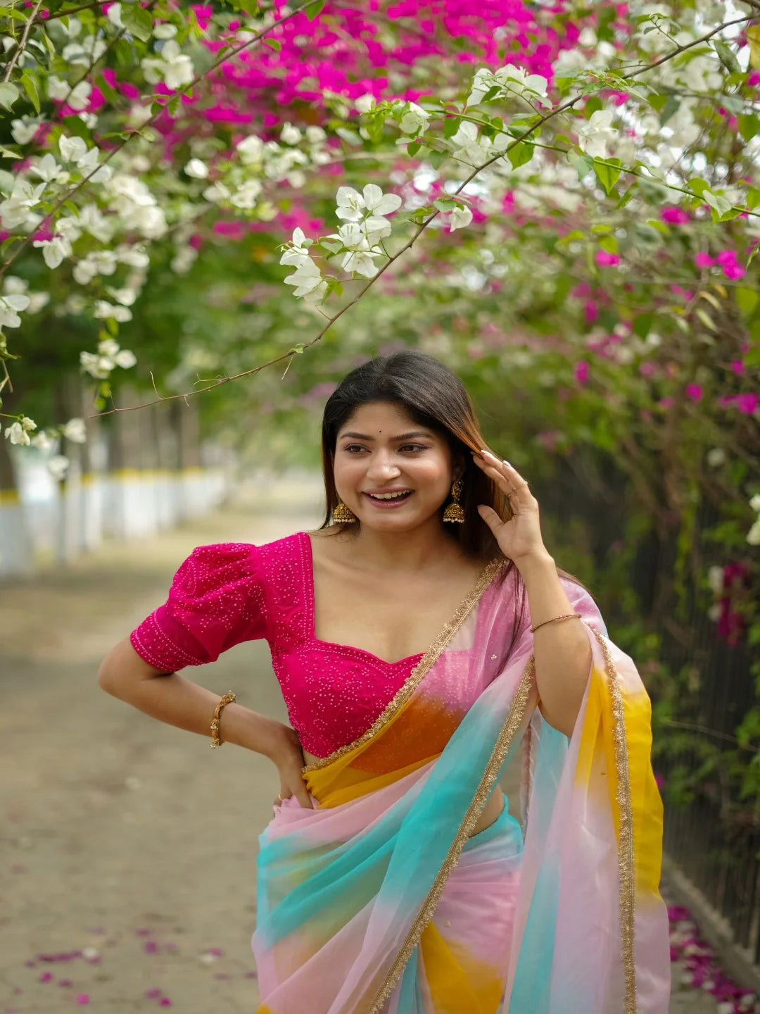 Pink Organza Sweetheart Neck Puff Sleeves Readymade Blouse