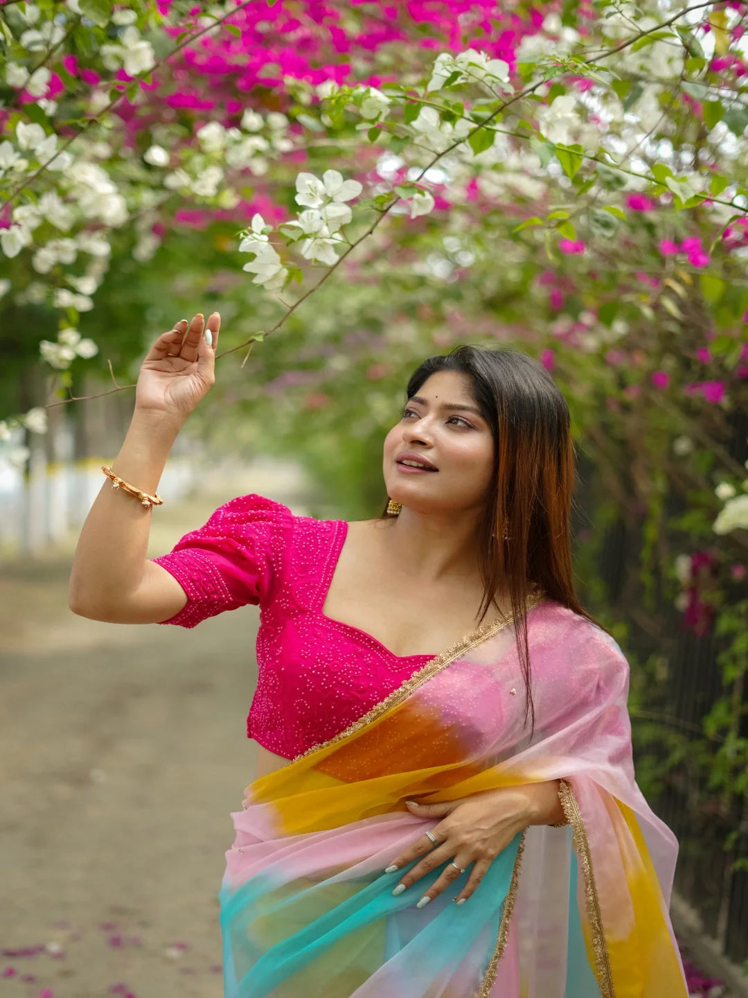 Pink Organza Sweetheart Neck Puff Sleeves Readymade Blouse