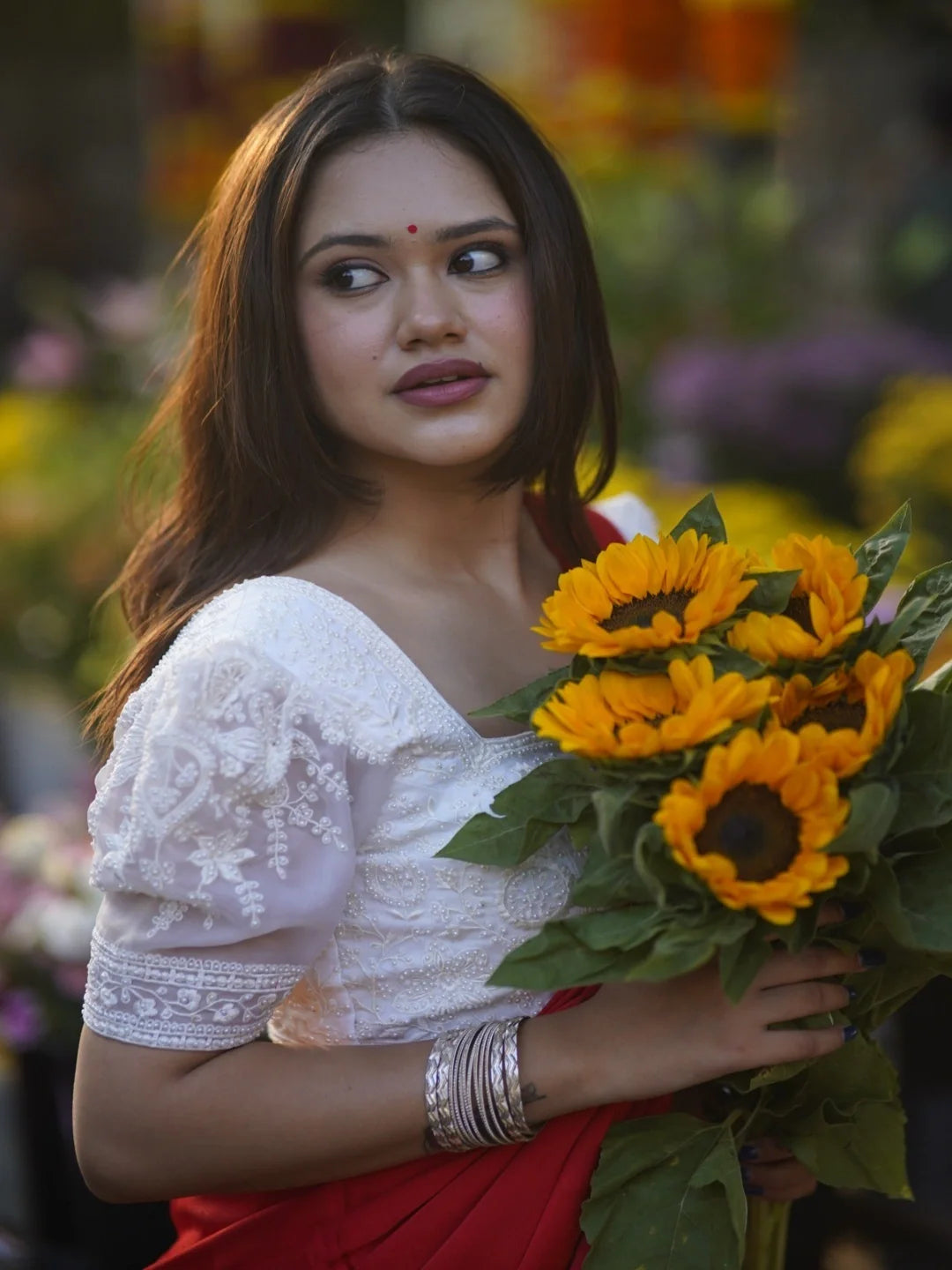 White Organza Fabric Pearl Work Puff Sleeve Readymade Saree Blouse