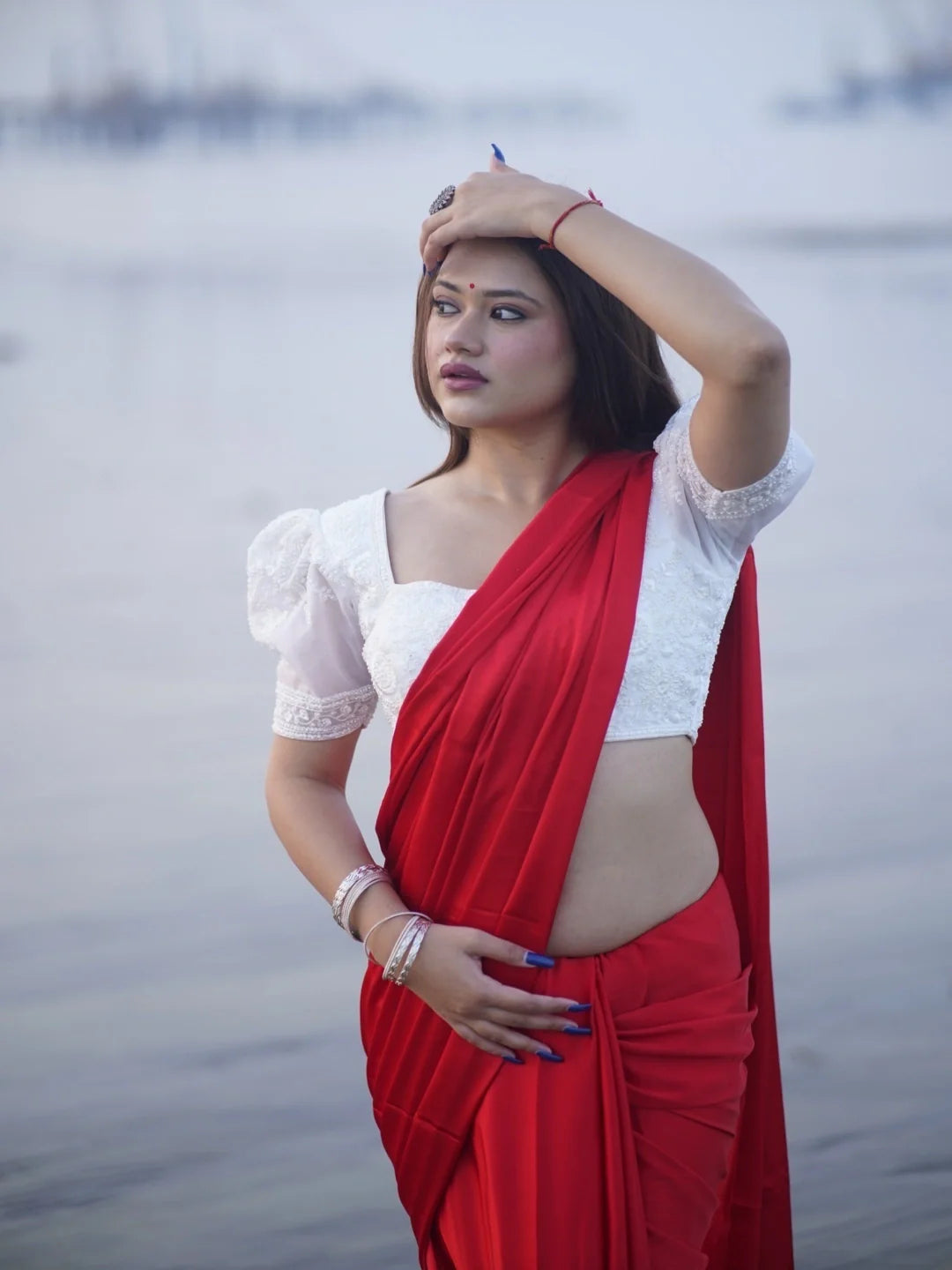 White Organza Fabric Pearl Work Puff Sleeve Readymade Saree Blouse