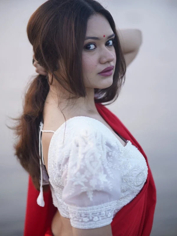 White Organza Fabric Pearl Work Puff Sleeve Readymade Saree Blouse