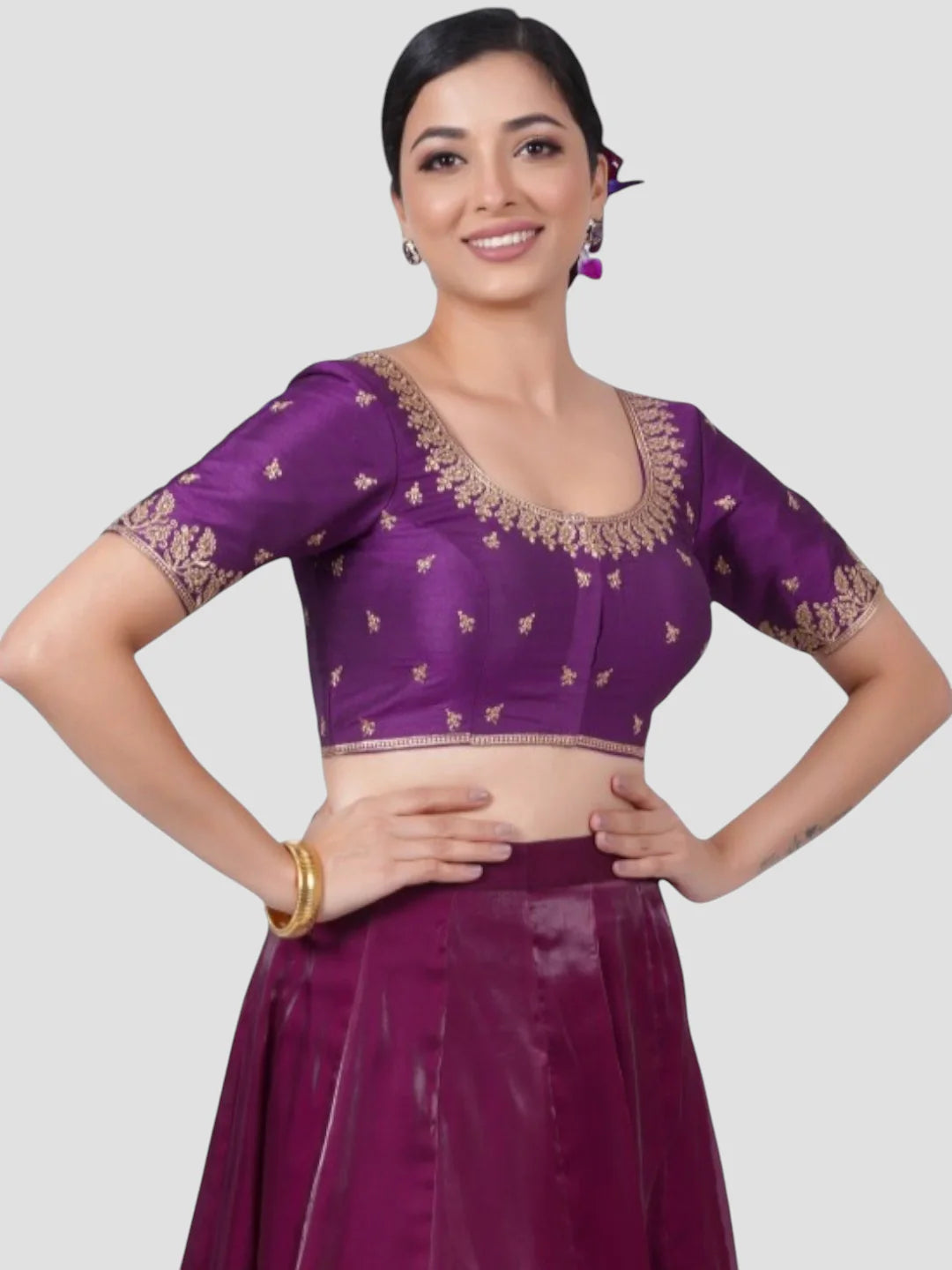 Purple Silk Round Neck Half Sleeves Readymade Blouse