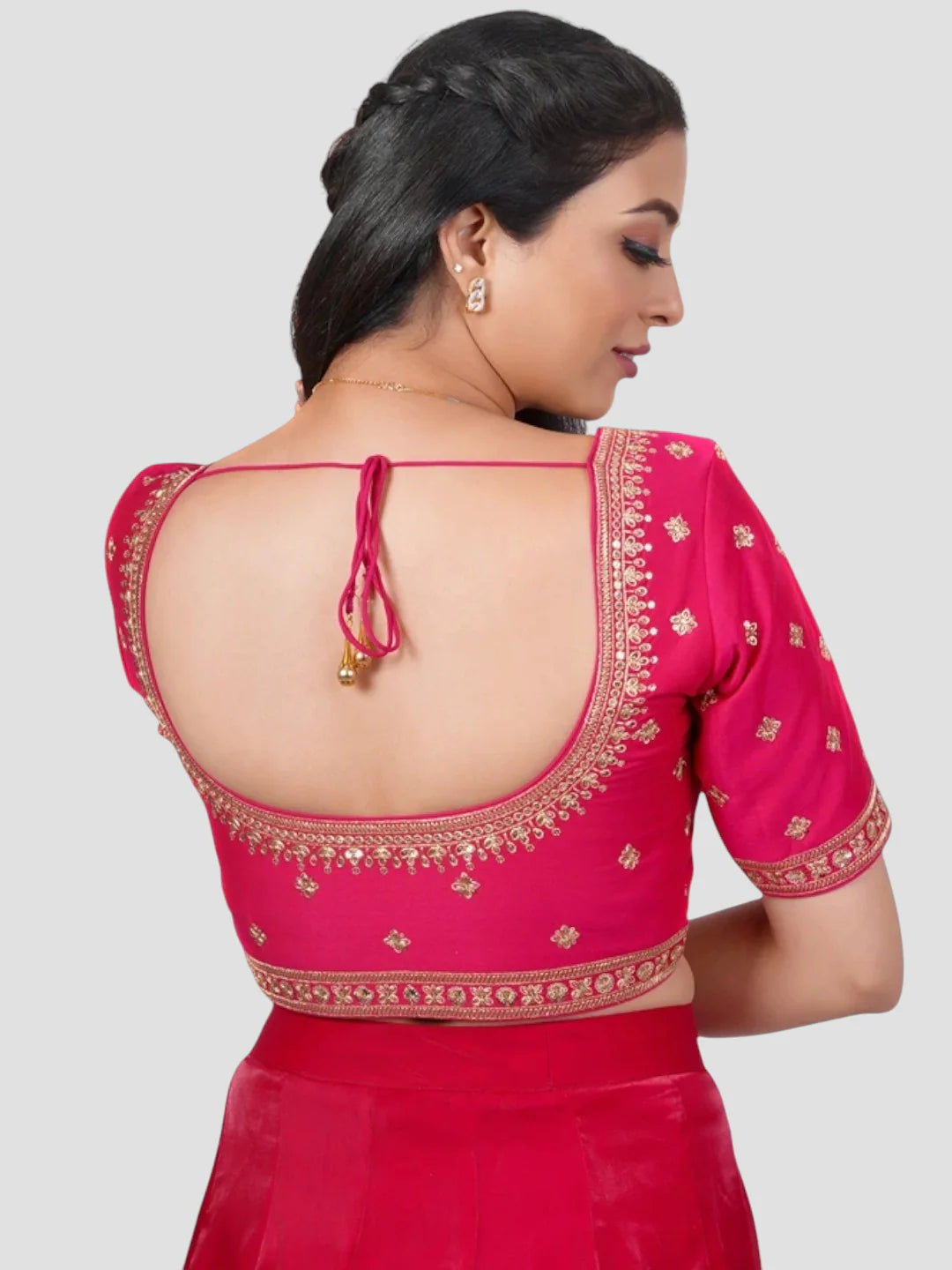 Rani Pink Silk Round Neck Half Sleeves Readymade Blouse